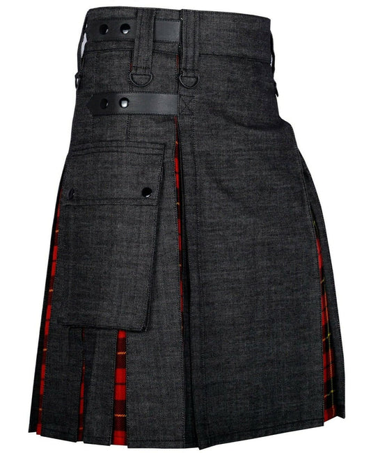 Modern Hybrid Black Denim & Wallace Tartan Kilt Handmade Hybrid Utility Kilt
