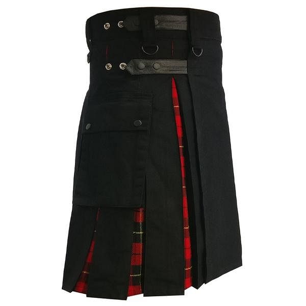 Modern Hybrid Wallace Tartan and Black Cotton Utility Kilt For Men