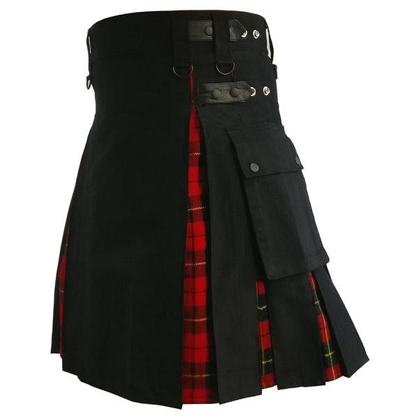 Modern Hybrid Wallace Tartan and Black Cotton Utility Kilt For Men