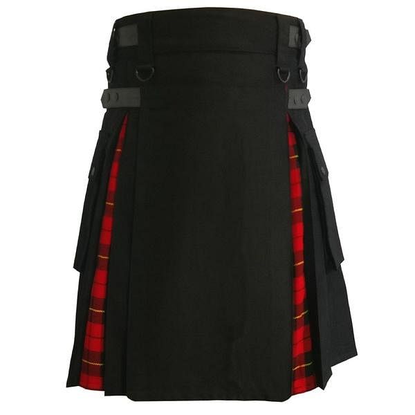 Modern Hybrid Wallace Tartan and Black Cotton Utility Kilt For Men