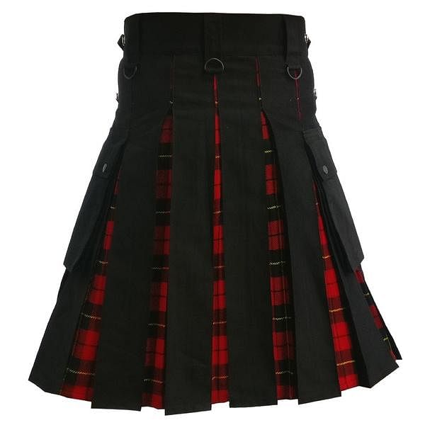 Modern Hybrid Wallace Tartan and Black Cotton Utility Kilt For Men