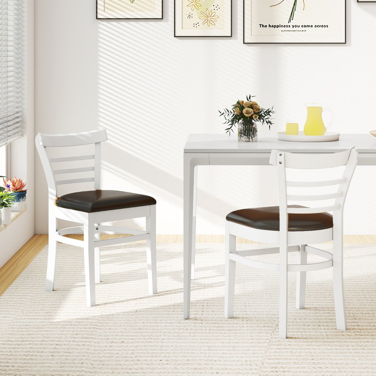 Modern Dining Chair Set of 2 with Rubber Wood Legs and Padded Seat-Brown