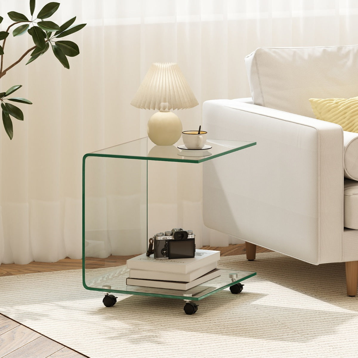 Modern Tempered Glass Side Table with 2-tier Shelf-Transparent
