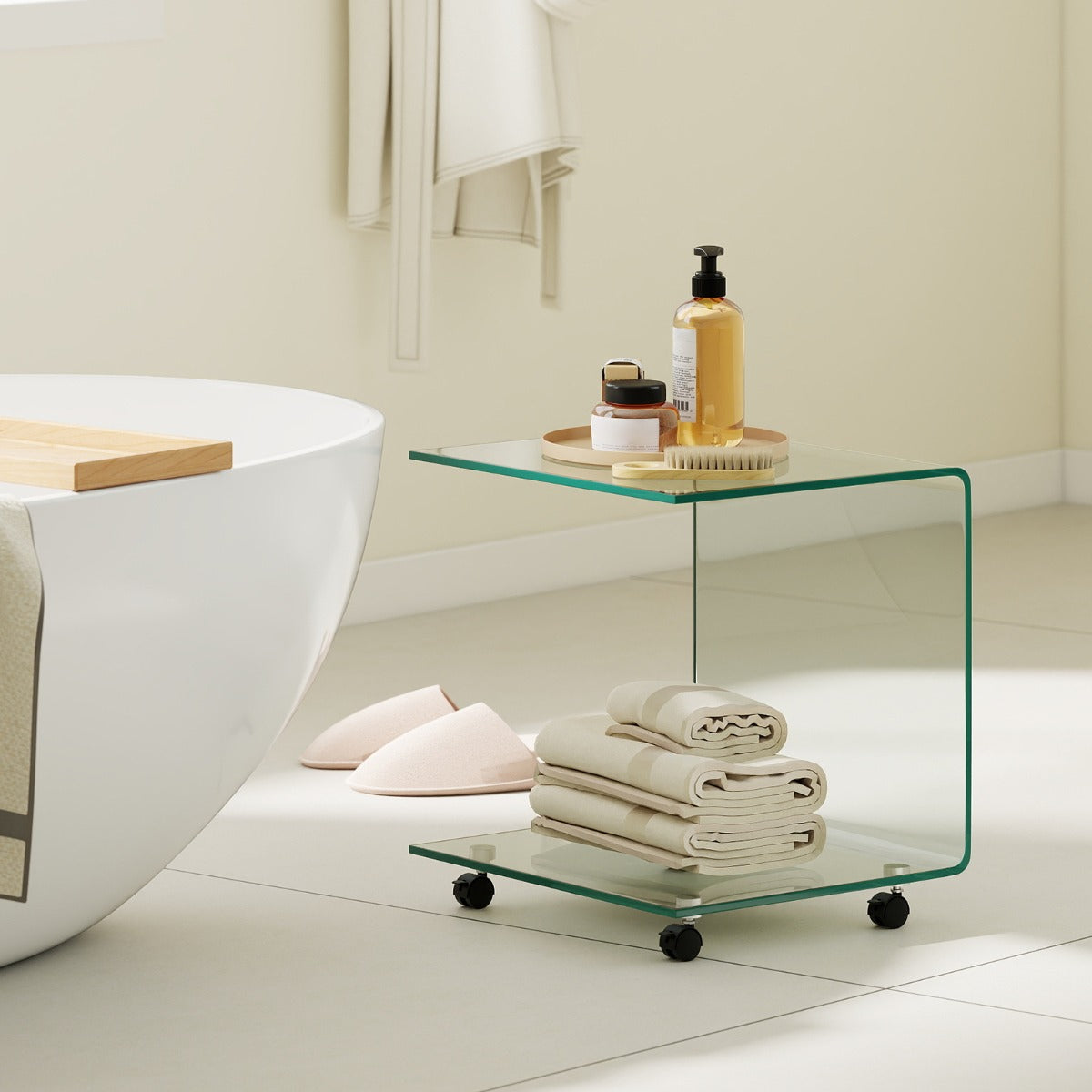 Modern Tempered Glass Side Table with 2-tier Shelf-Transparent