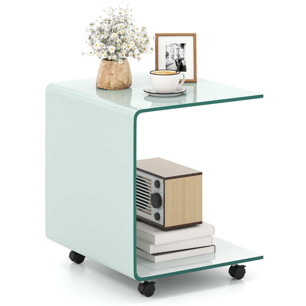 Modern Tempered Glass Side Table with 2-tier Shelf-Transparent
