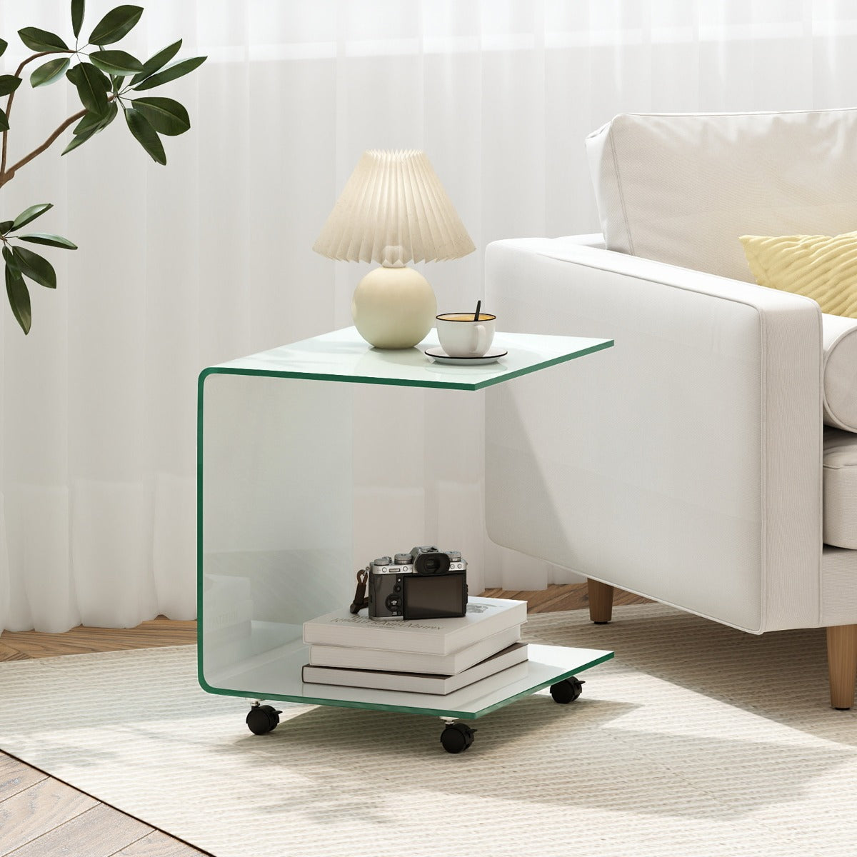 Modern Tempered Glass Side Table with 2-tier Shelf-Transparent