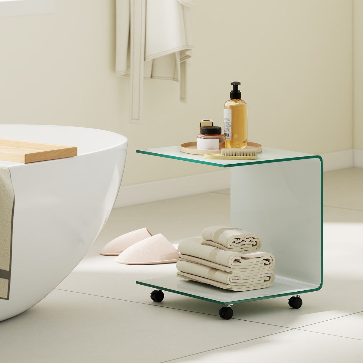 Modern Tempered Glass Side Table with 2-tier Shelf-Transparent