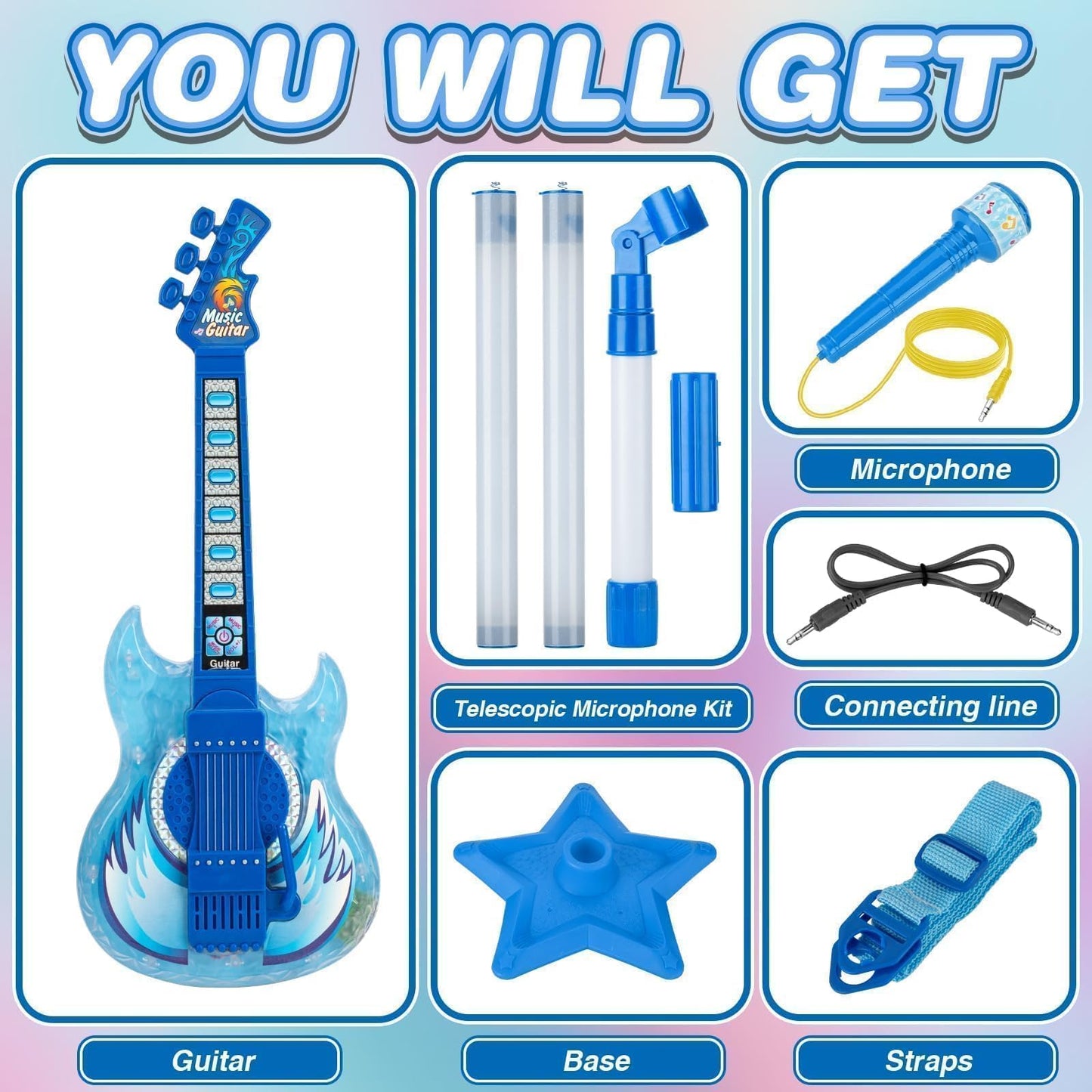MOEAWS Kids Guitar and Microphone Set – Adjustable Volume, Stand & Color Light (Blue)