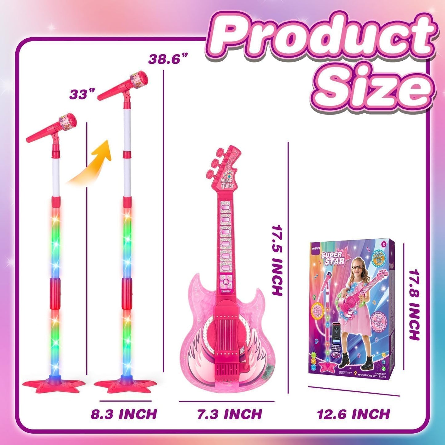 MOEAWS Kids Guitar & Microphone Set (Pink) – Adjustable Stand, Color Lights, Karaoke Toy for 5–9 Years