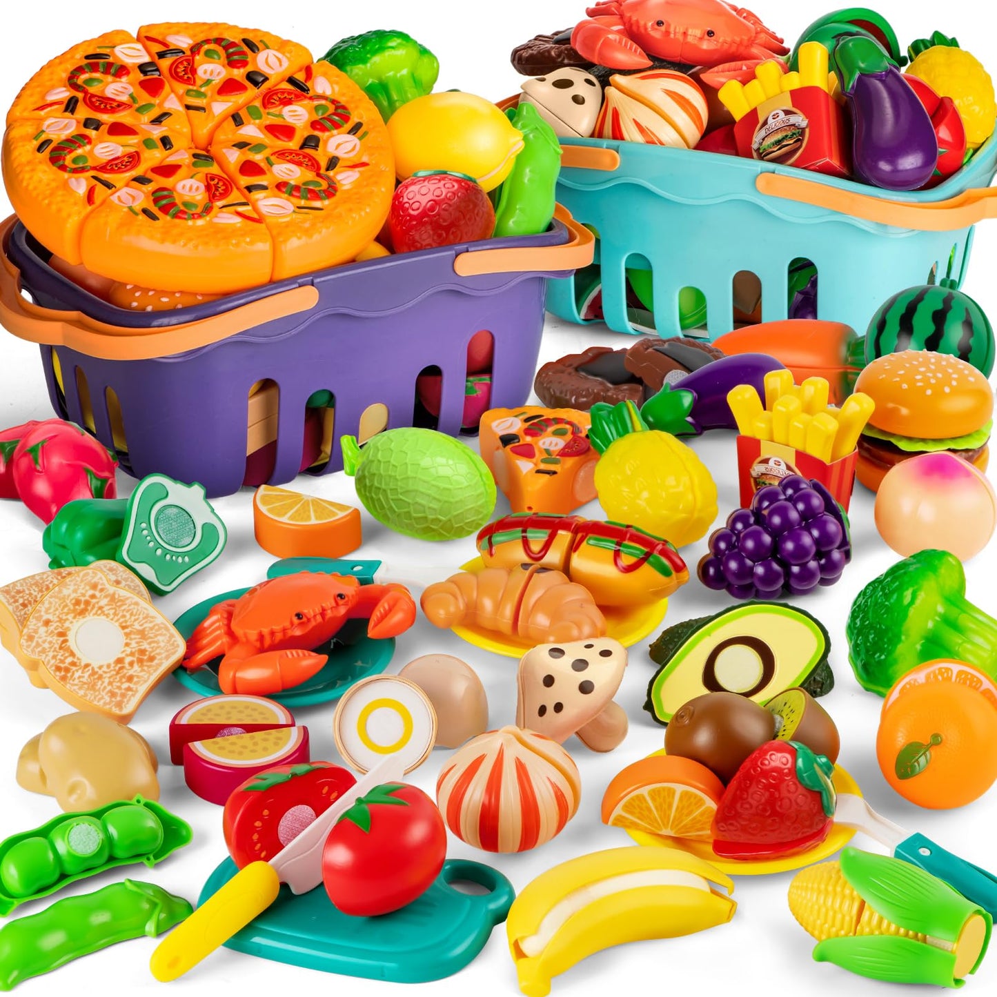 MOEAWS 115-Piece Cutting Play Food Set with 2-Color Storage Baskets (Purple & Blue) – Pretend Kitchen Toys for Toddlers