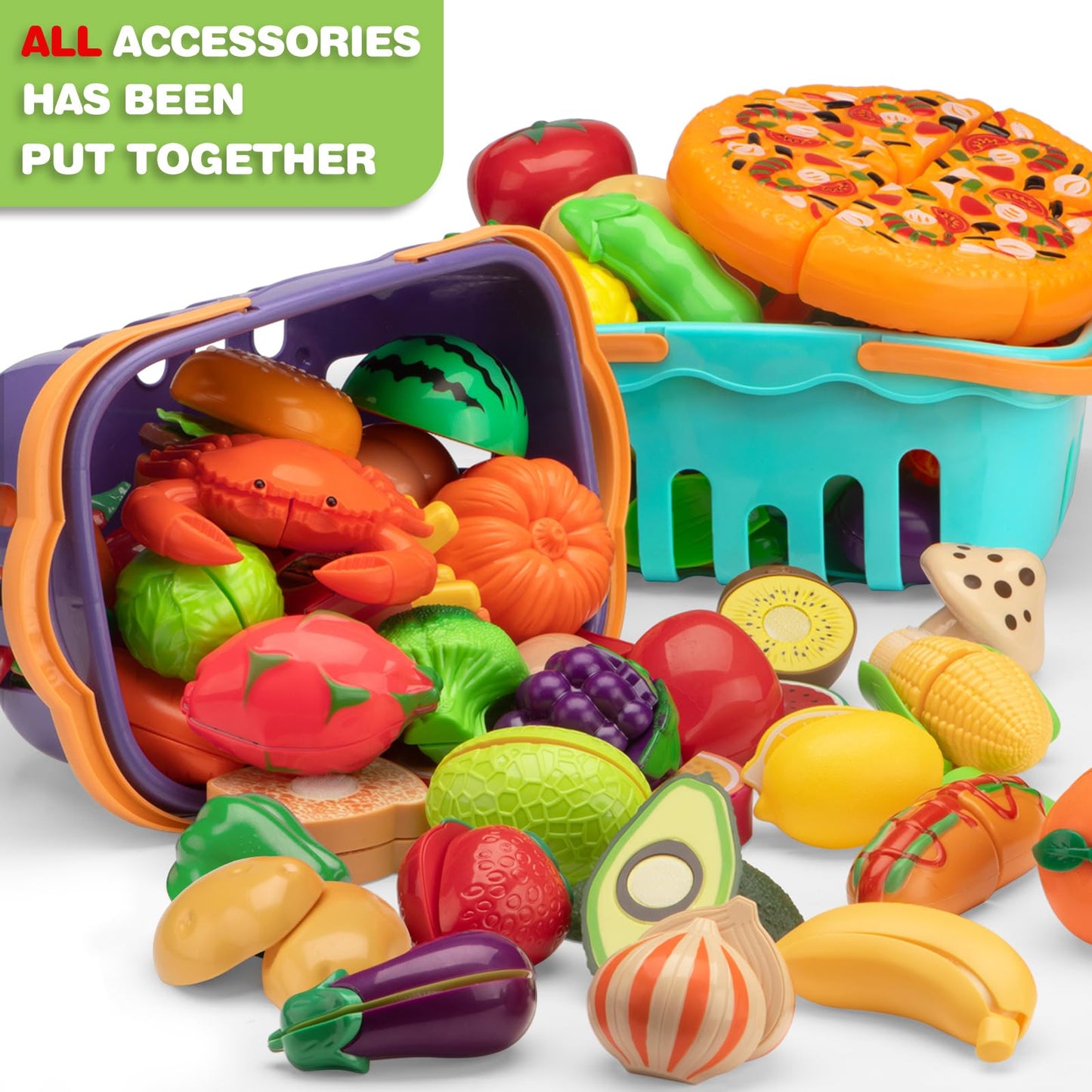 MOEAWS 115-Piece Cutting Play Food Set with 2-Color Storage Baskets (Purple & Blue) – Pretend Kitchen Toys for Toddlers