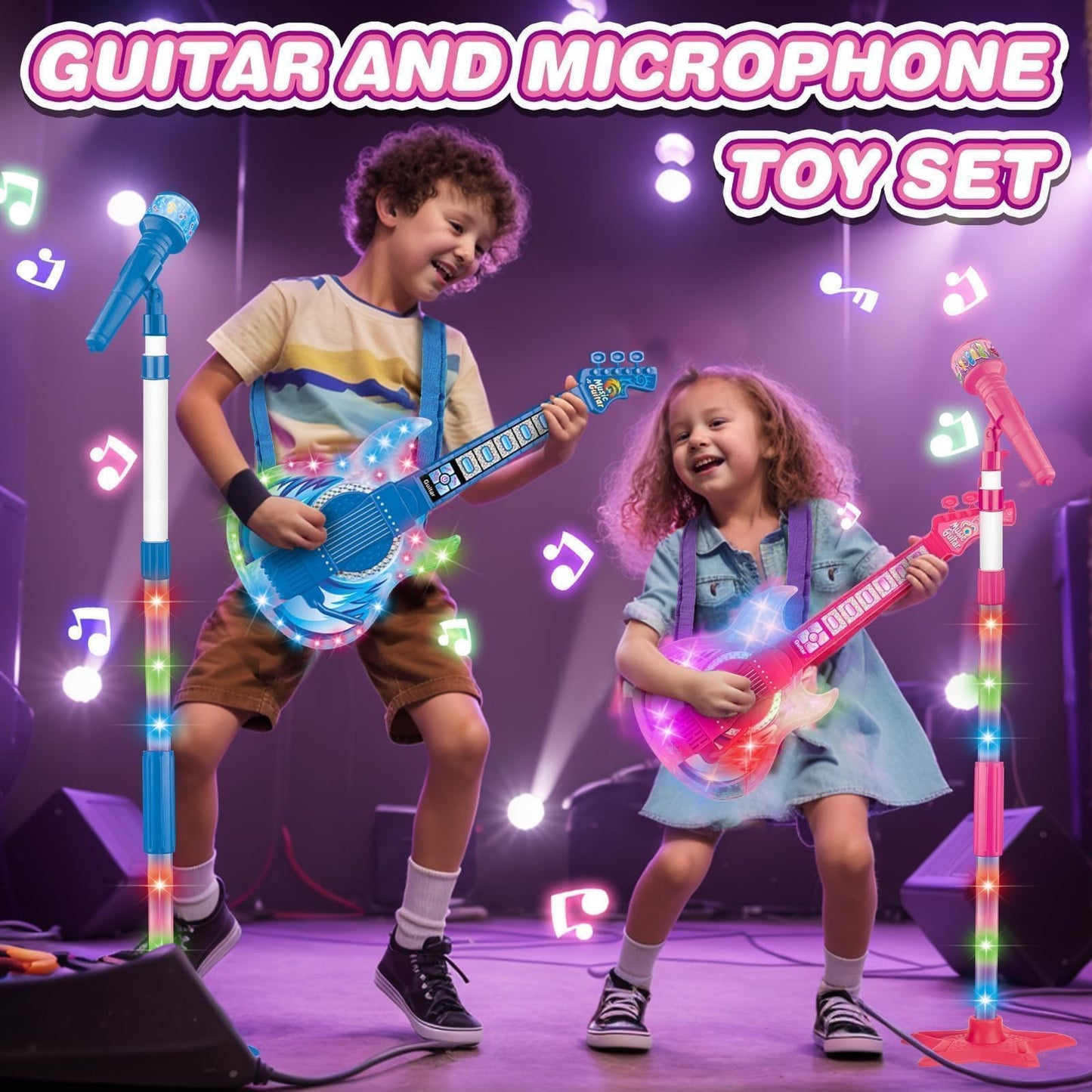MOEAWS Kids Guitar & Microphone Set (Pink) – Adjustable Stand, Color Lights, Karaoke Toy for 5–9 Years