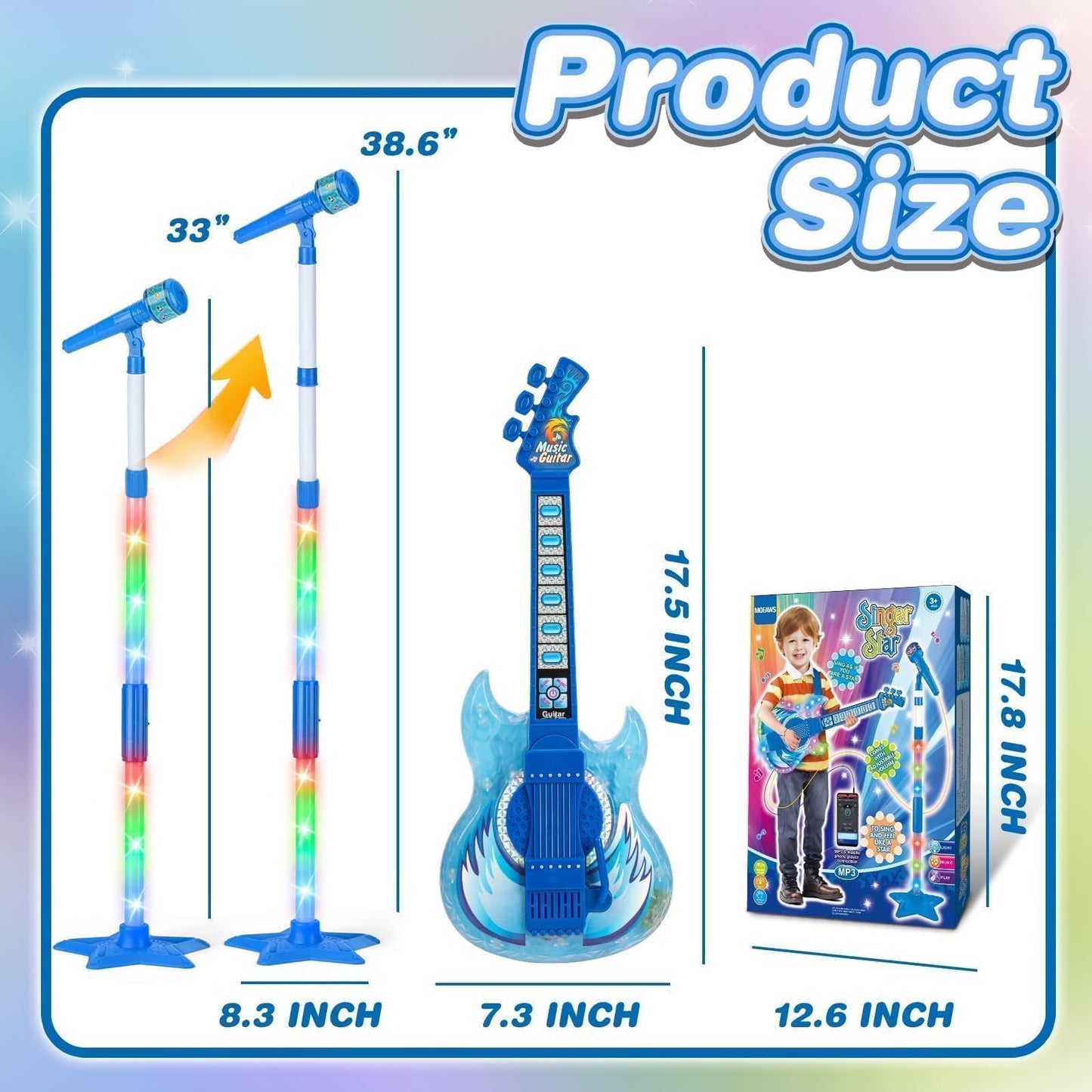 MOEAWS Kids Guitar and Microphone Set – Adjustable Volume, Stand & Color Light (Blue)
