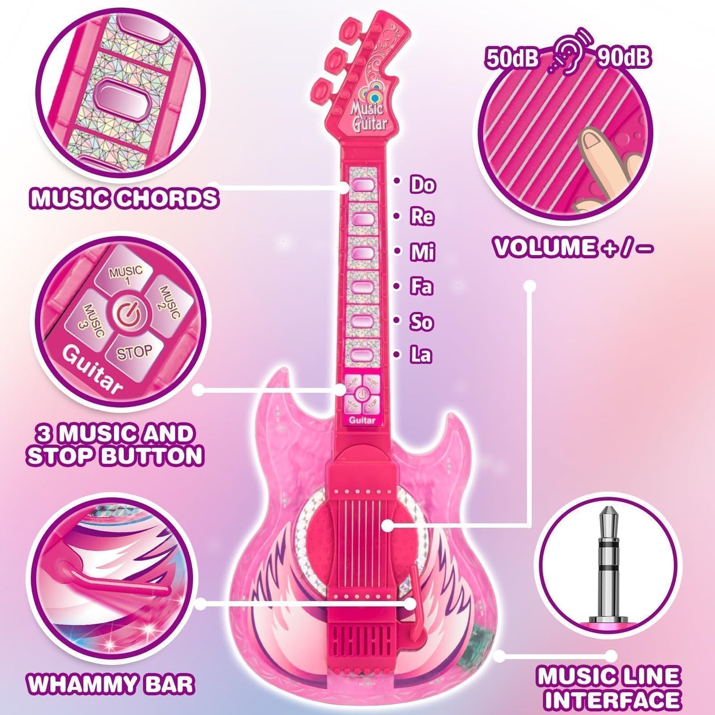 MOEAWS Kids Guitar & Microphone Set (Pink) – Adjustable Stand, Color Lights, Karaoke Toy for 5–9 Years