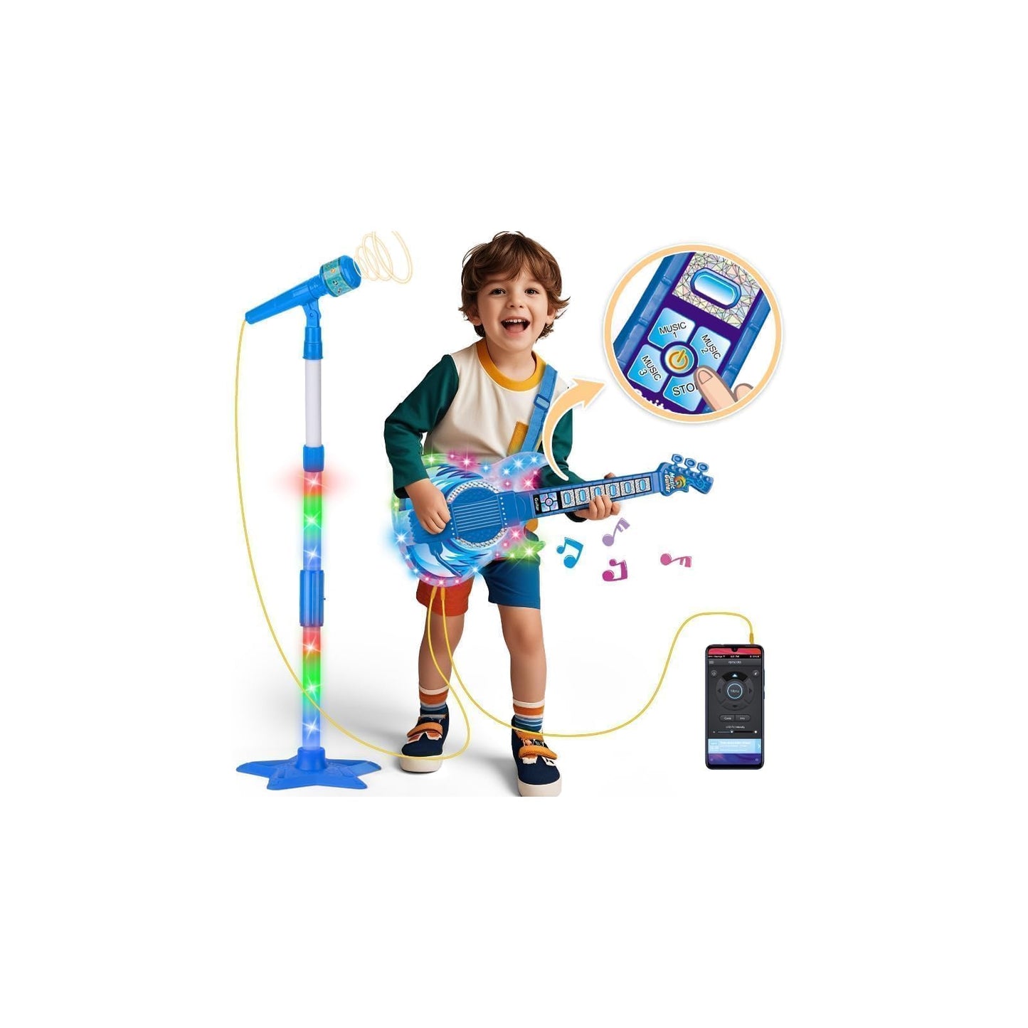 MOEAWS Kids Guitar and Microphone Set – Adjustable Volume, Stand & Color Light (Blue)