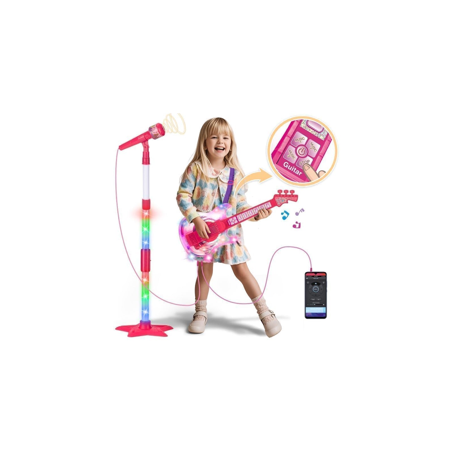 MOEAWS Kids Guitar & Microphone Set (Pink) – Adjustable Stand, Color Lights, Karaoke Toy for 5–9 Years
