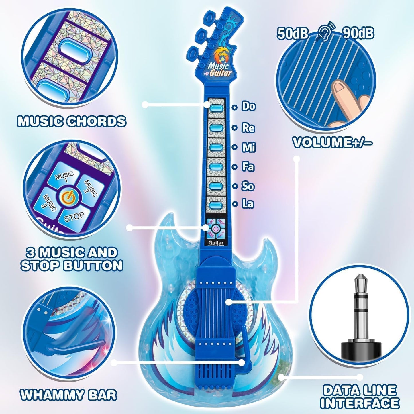 MOEAWS Kids Guitar and Microphone Set – Adjustable Volume, Stand & Color Light (Blue)