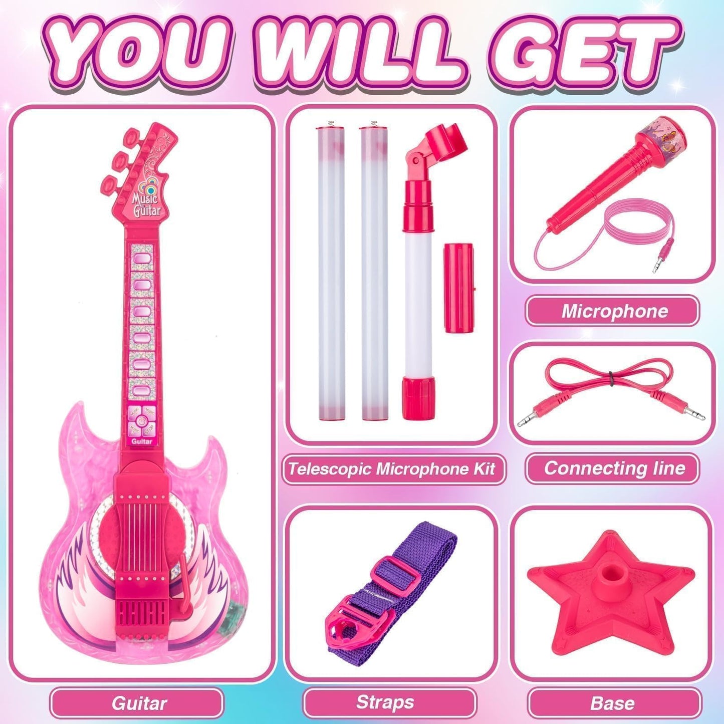 MOEAWS Kids Guitar & Microphone Set (Pink) – Adjustable Stand, Color Lights, Karaoke Toy for 5–9 Years