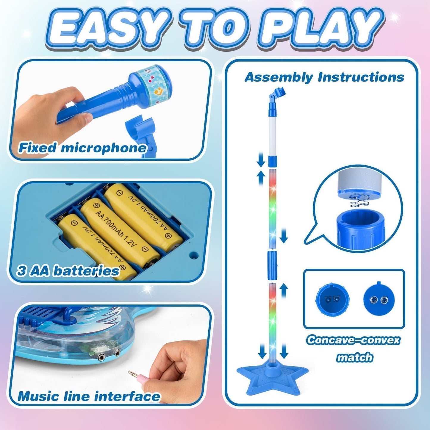 MOEAWS Kids Guitar and Microphone Set – Adjustable Volume, Stand & Color Light (Blue)