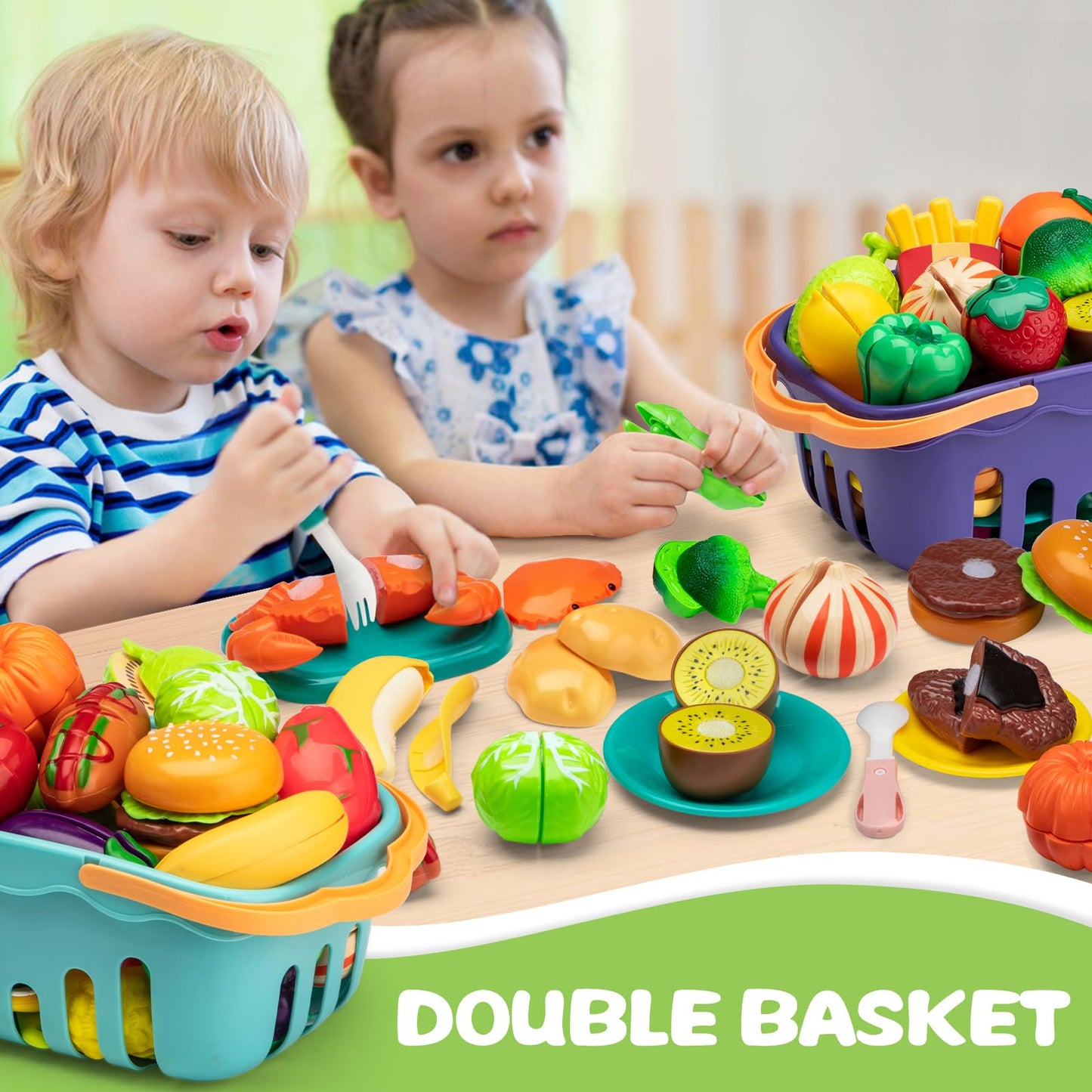 MOEAWS 115-Piece Cutting Play Food Set with 2-Color Storage Baskets (Purple & Blue) – Pretend Kitchen Toys for Toddlers