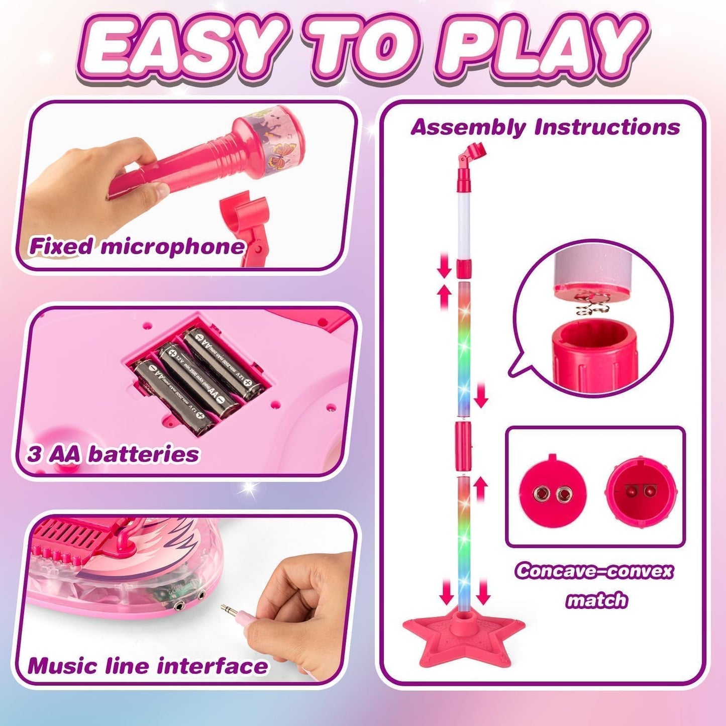MOEAWS Kids Guitar & Microphone Set (Pink) – Adjustable Stand, Color Lights, Karaoke Toy for 5–9 Years