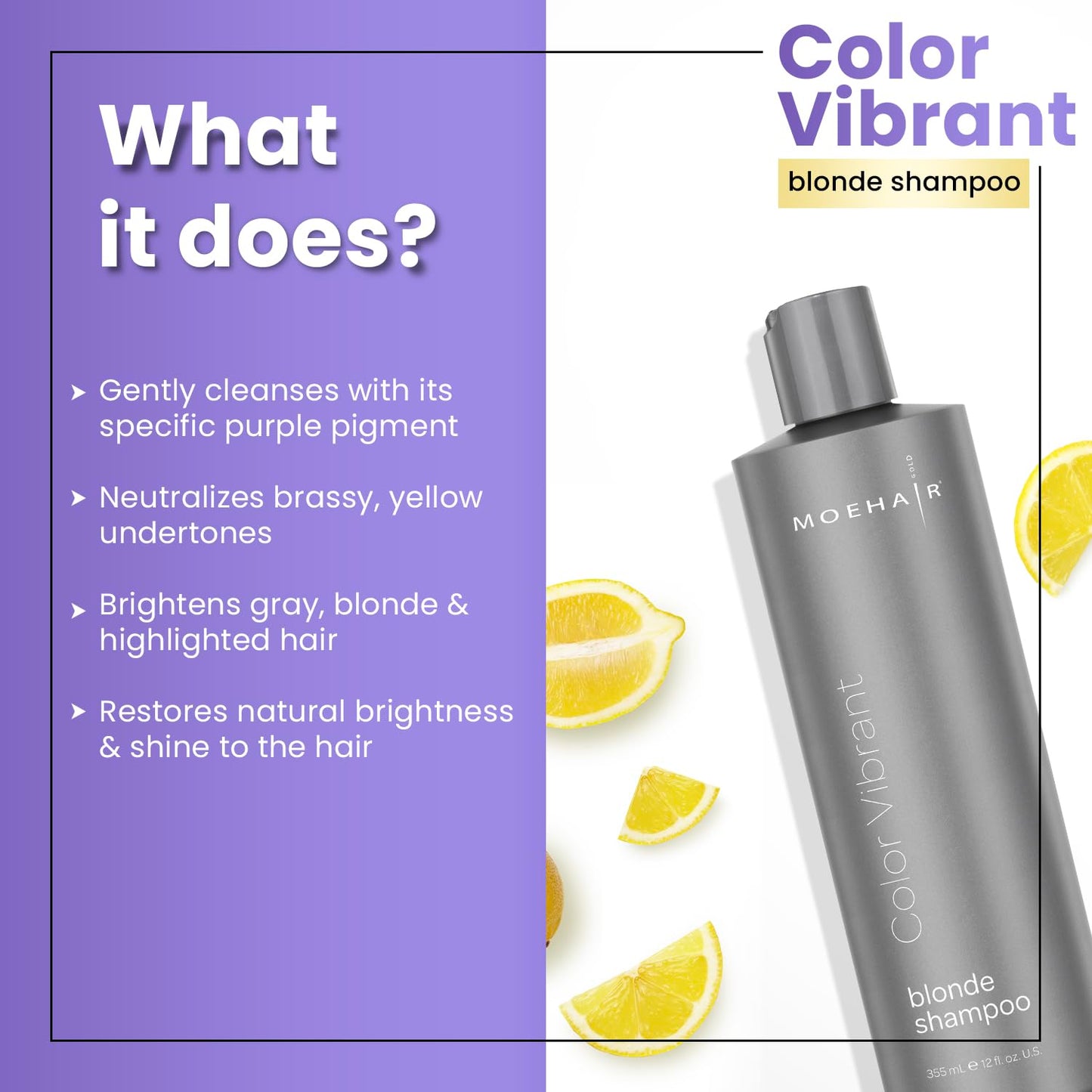 MOEHAIR Color Vibrant Blonde Shampoo — Neutralizes Brassiness | Color-Protect Purple Shampoo | Paraben & Sulfate Free | 12 fl oz