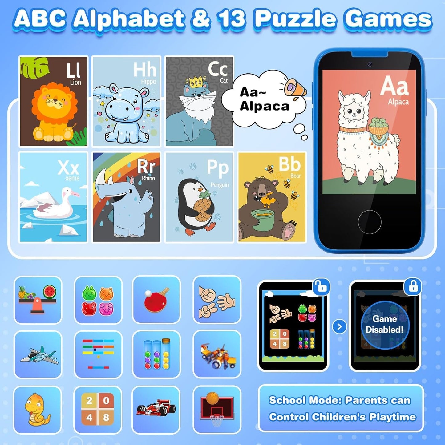 MOFGDNI Kids Phone: Dual Camera Toy Phone with Learning Games for Ages 3-8
