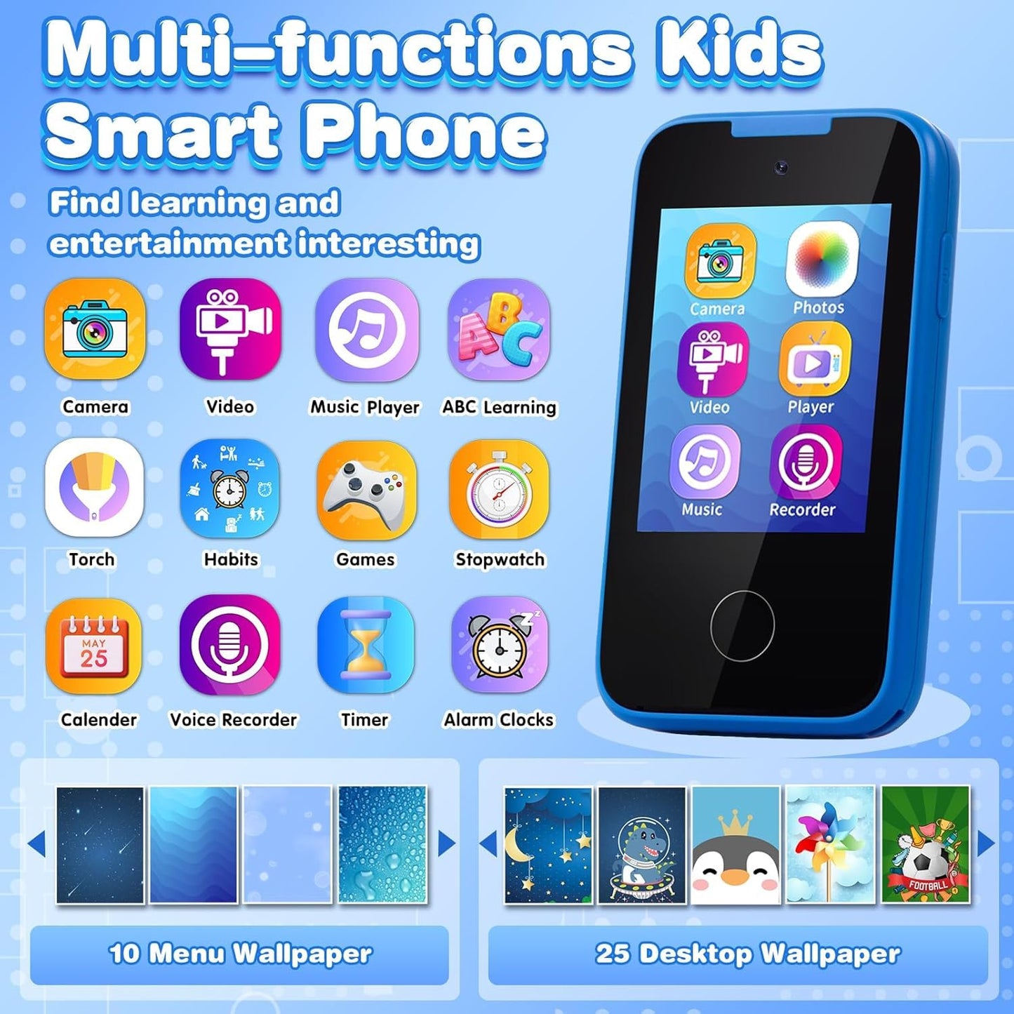 MOFGDNI Kids Phone: Dual Camera Toy Phone with Learning Games for Ages 3-8