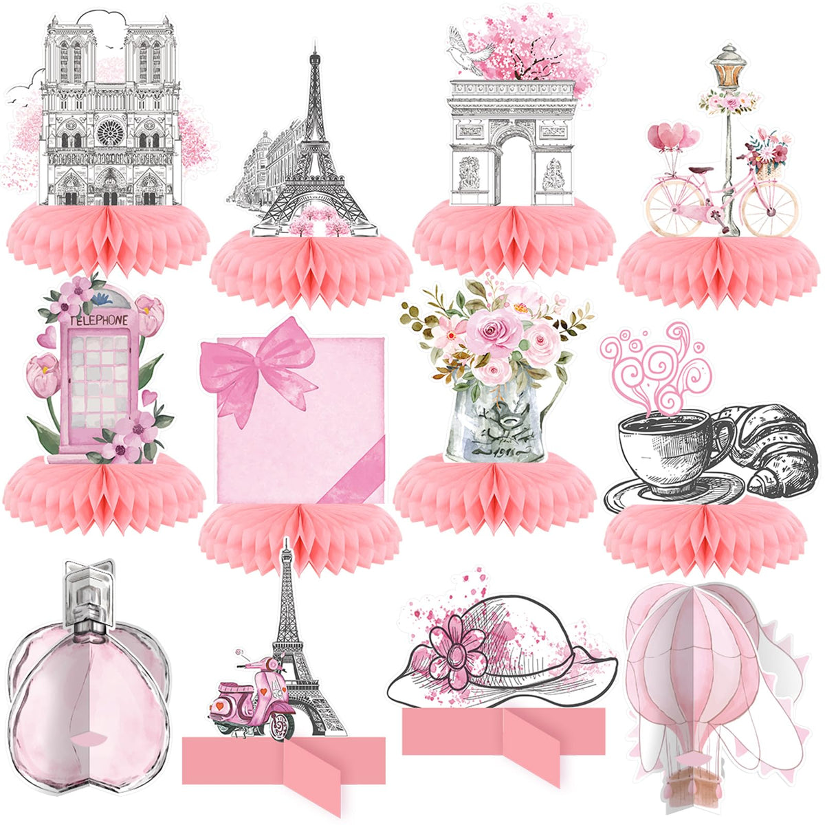 Moinchore 12 Pcs Paris Honeycomb Centerpieces – Pink Eiffel Tower & Paris Theme Party Decor