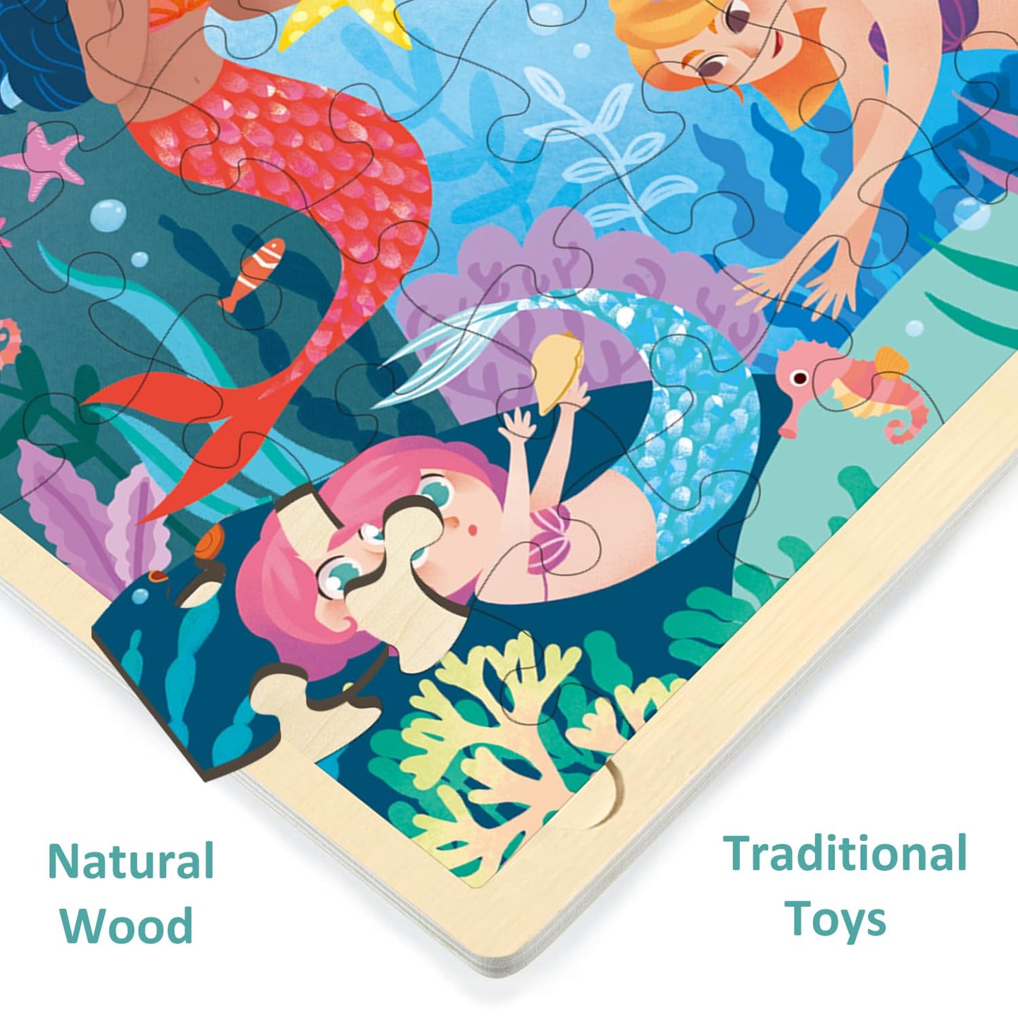 MoinKidz 48-Piece Mermaid Wooden Puzzles for Kids Ages 3-5 with Storage Tray