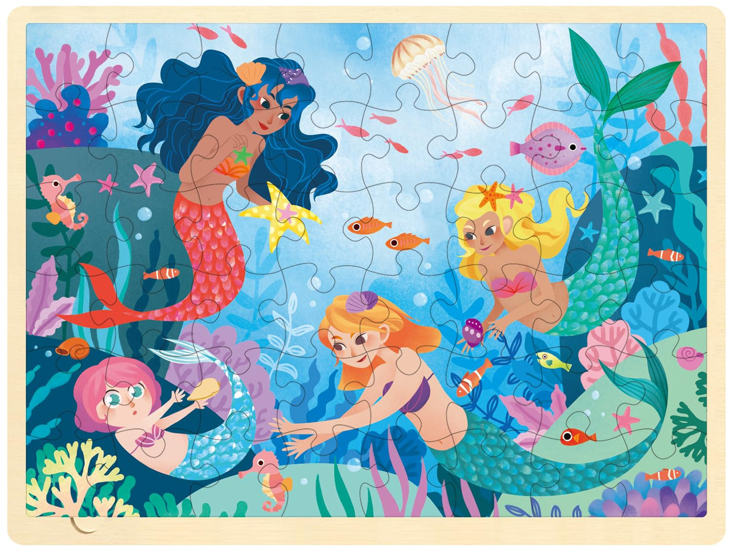 MoinKidz 48-Piece Mermaid Wooden Puzzles for Kids Ages 3-5 with Storage Tray