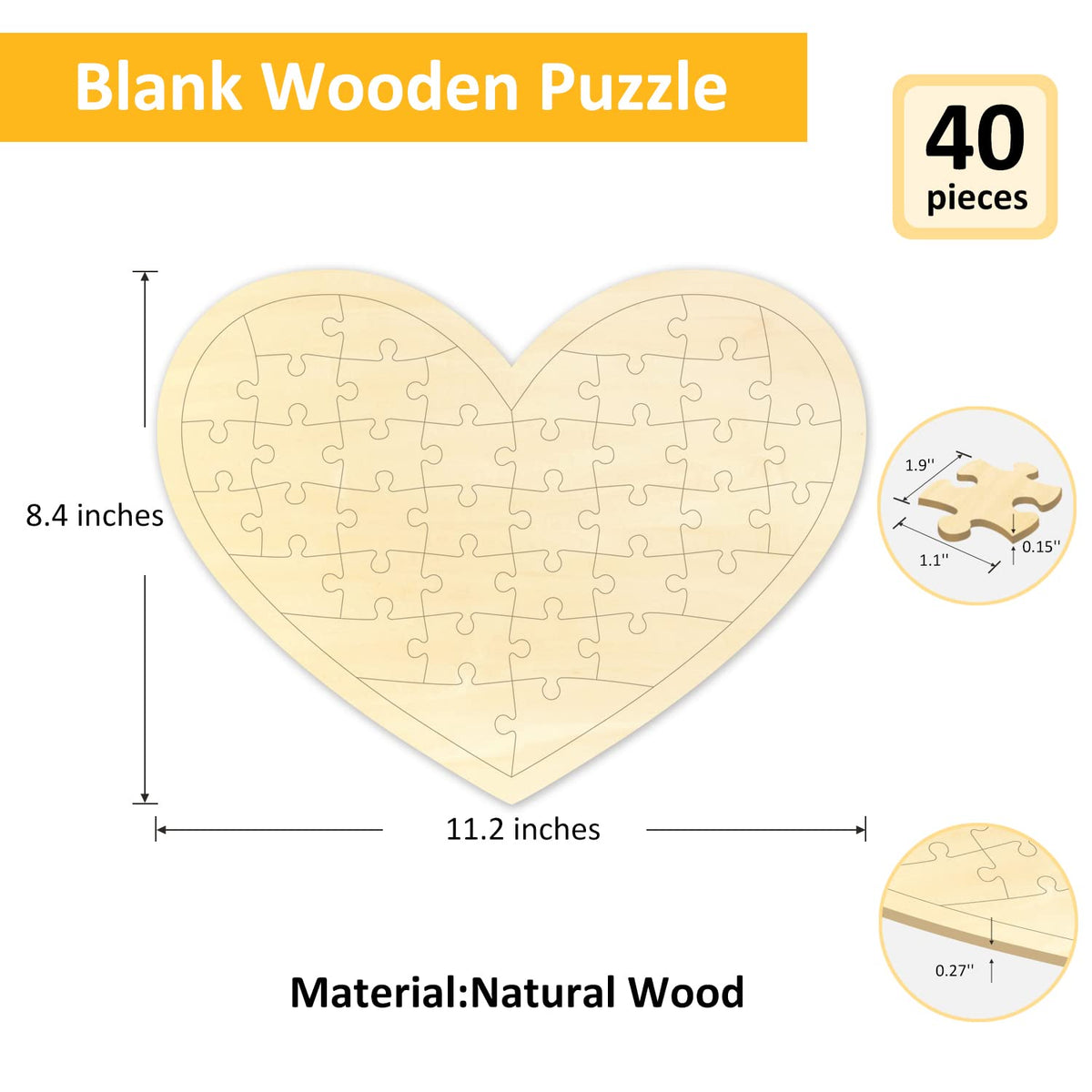 MoinKidz Blank Heart Puzzle – 40-Piece Wooden Jigsaw with Tray, DIY Craft Kit 11.2 x 8.4 in