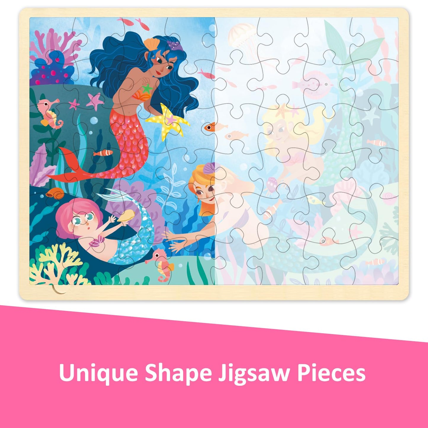 MoinKidz 48-Piece Mermaid Wooden Puzzles for Kids Ages 3-5 with Storage Tray