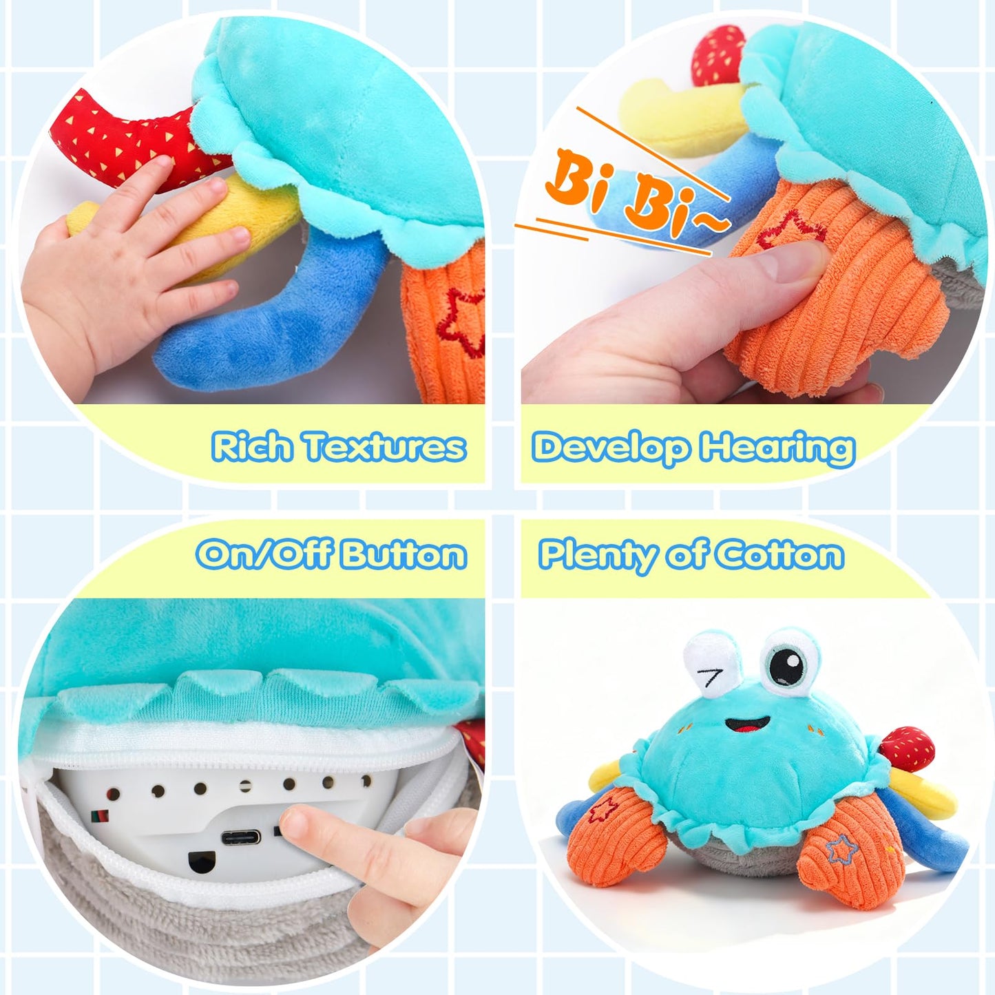 MOISTAR Crawling Crab Baby Toy — Tummy Time, Musical Plush, USB Rechargeable (6-12 Months)