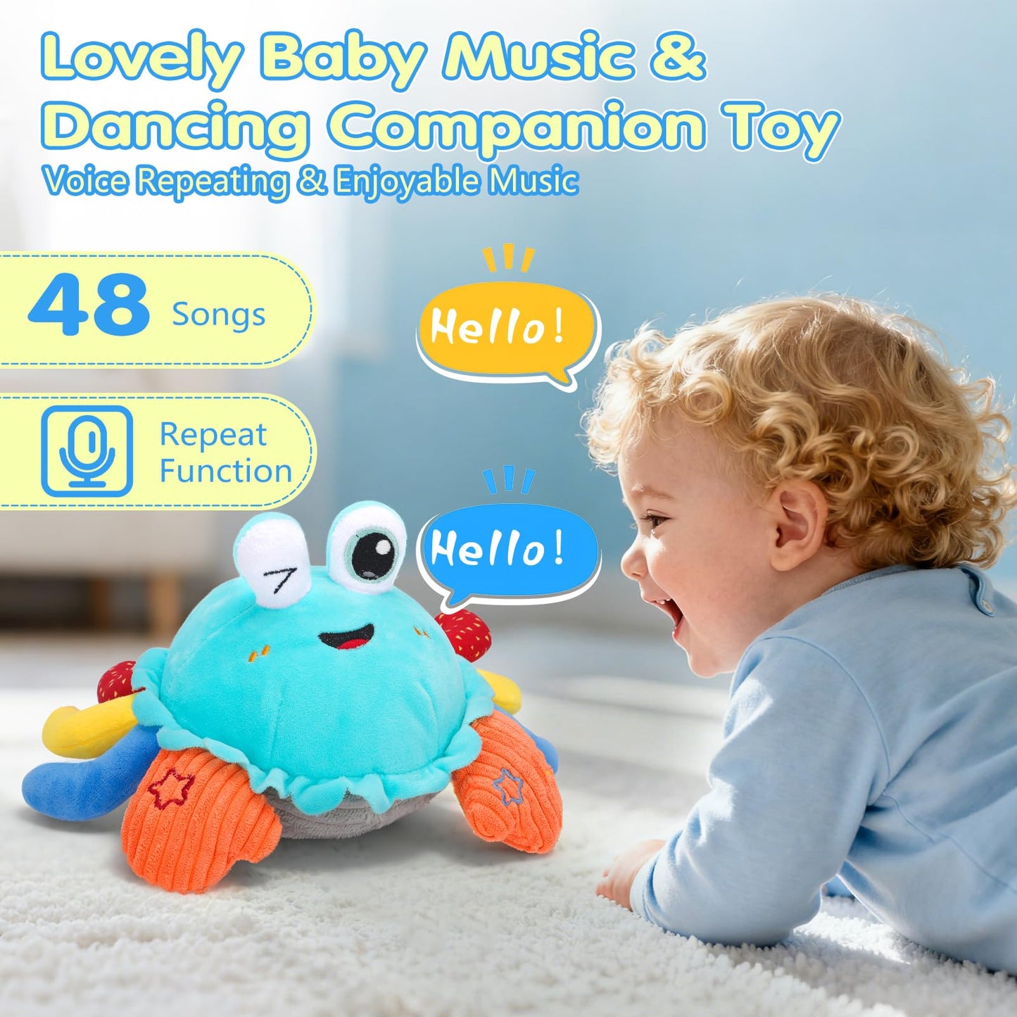 MOISTAR Crawling Crab Baby Toy — Tummy Time, Musical Plush, USB Rechargeable (6-12 Months)