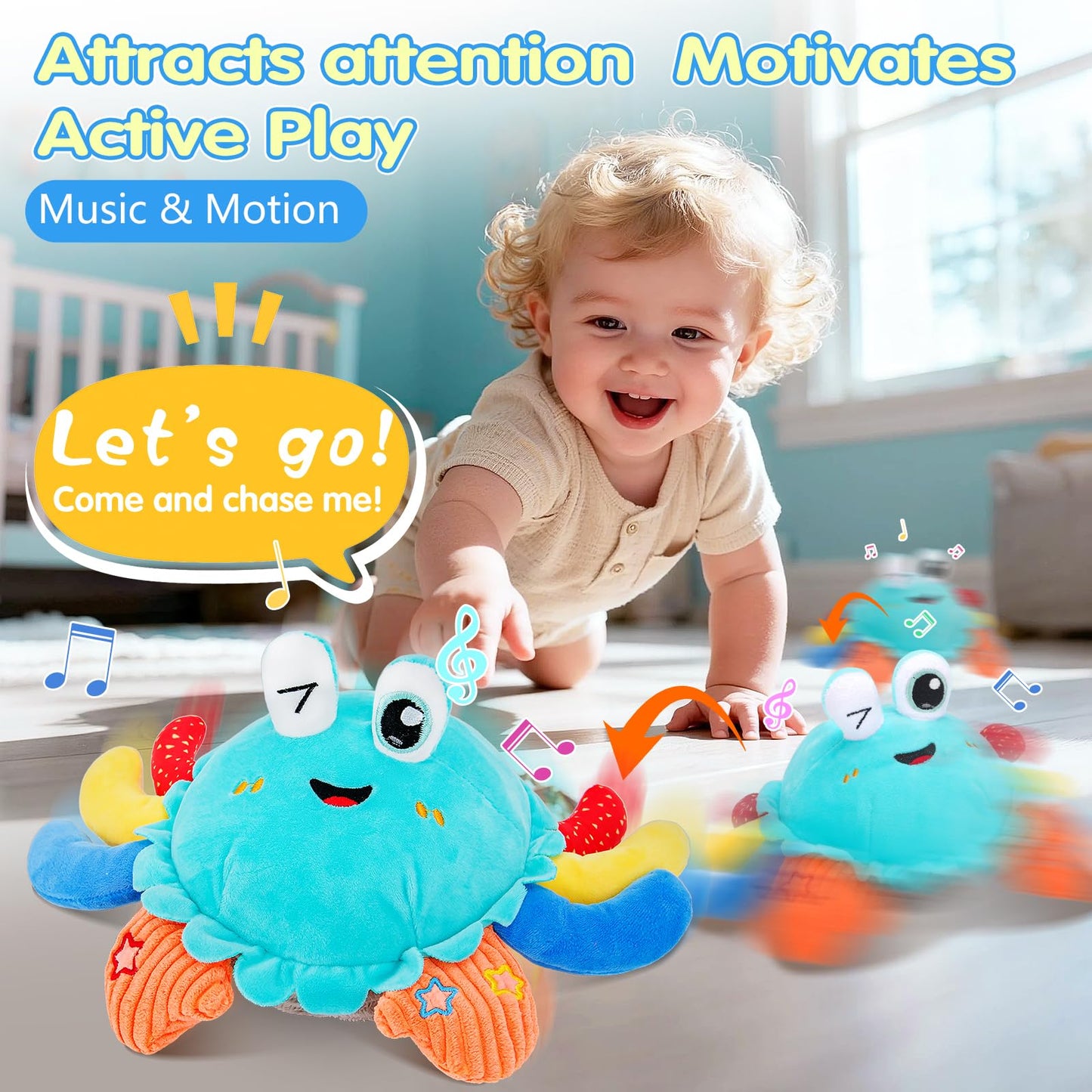 MOISTAR Crawling Crab Baby Toy — Tummy Time, Musical Plush, USB Rechargeable (6-12 Months)