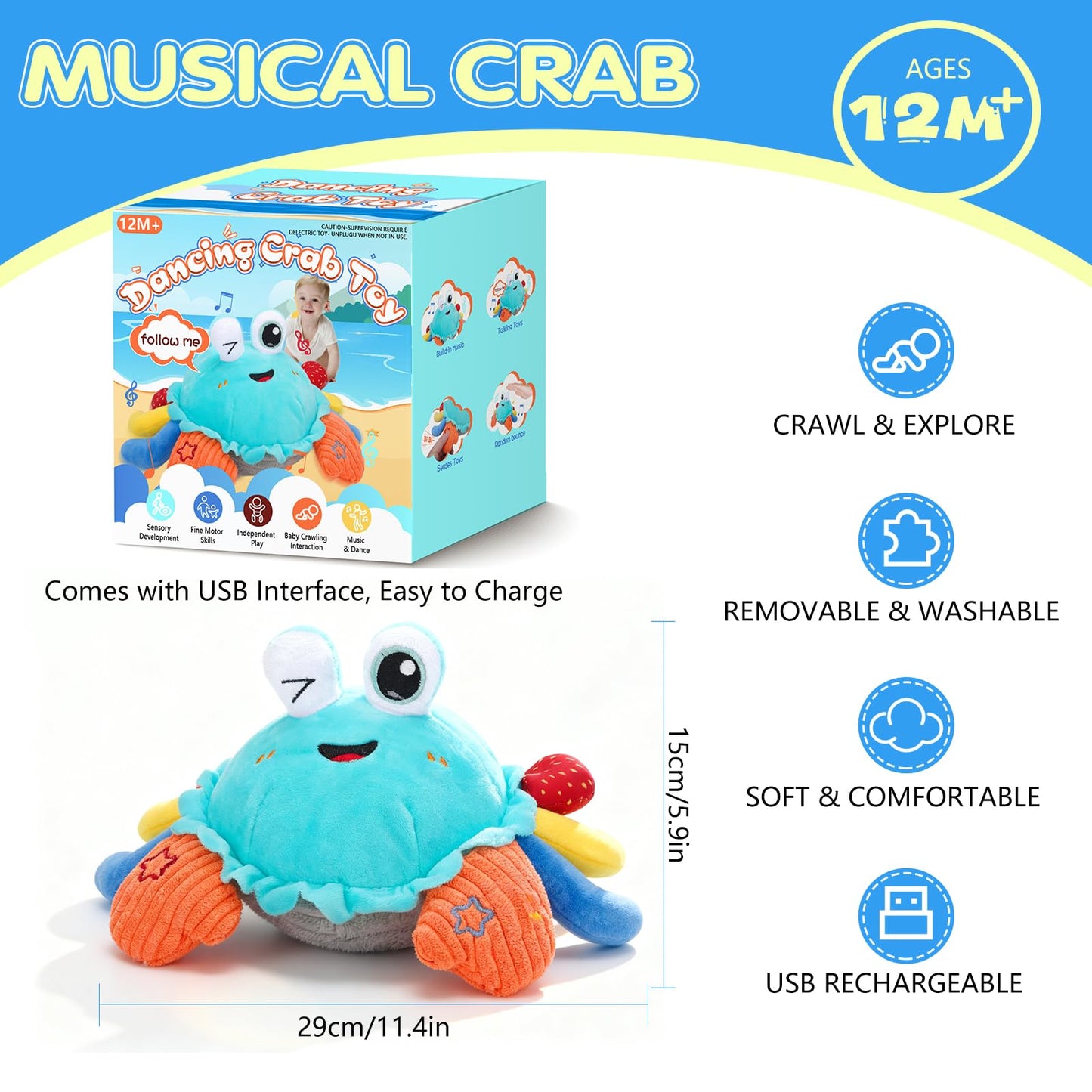 MOISTAR Crawling Crab Baby Toy — Tummy Time, Musical Plush, USB Rechargeable (6-12 Months)
