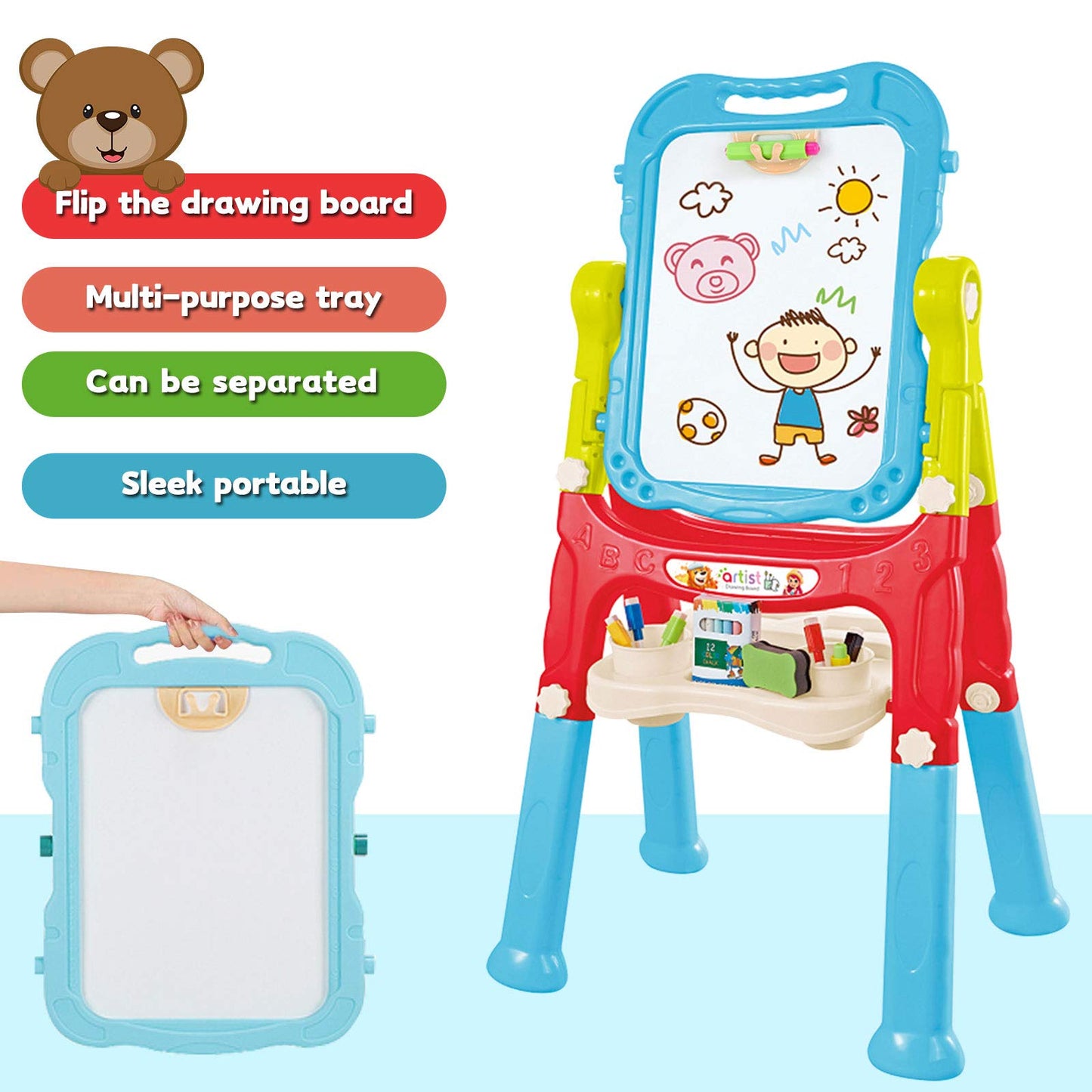 Mojitodon Kids Easel - 360° Rotating, Double-Sided Adjustable Art Easel with Accessories (Blue)