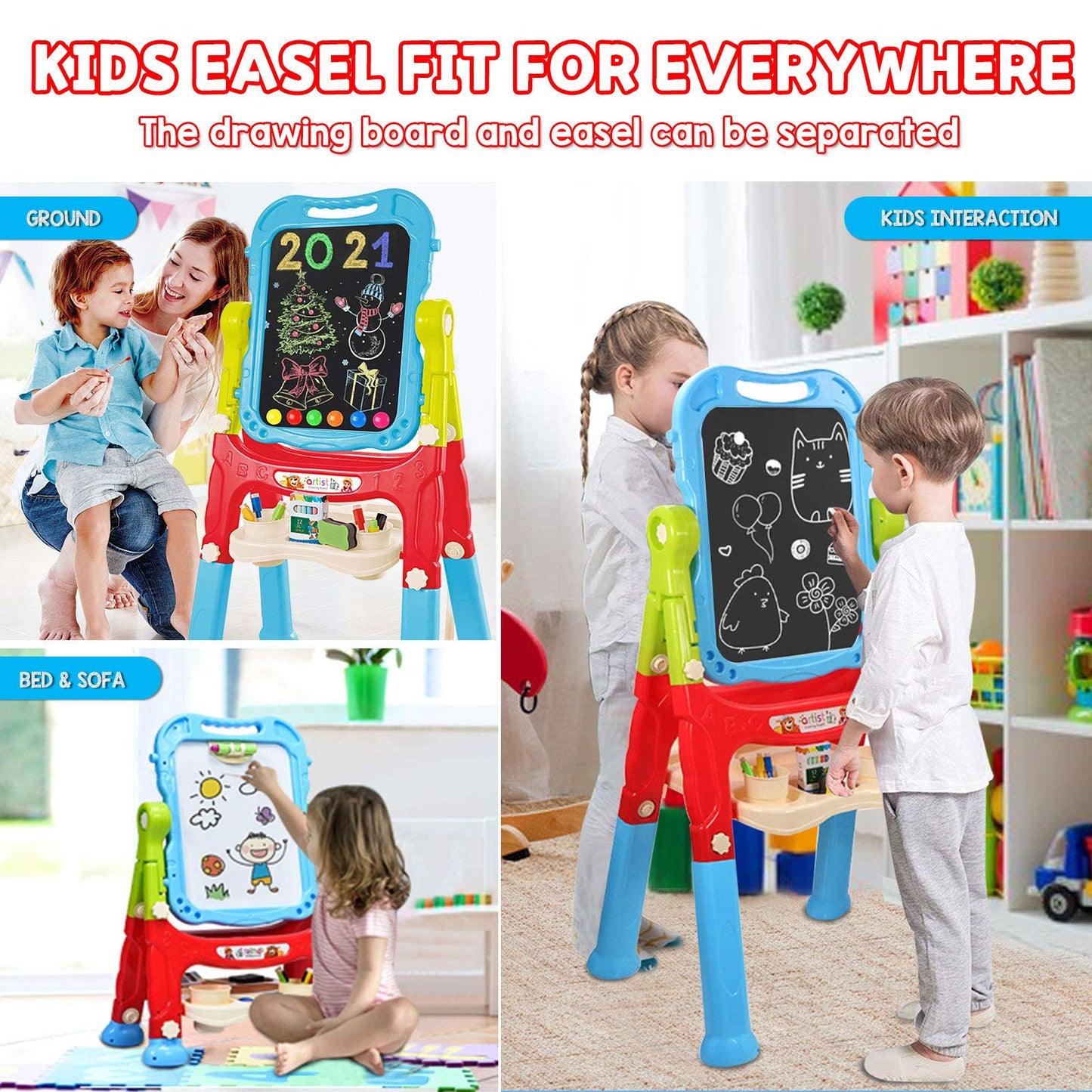 Mojitodon Kids Easel - 360° Rotating, Double-Sided Adjustable Art Easel with Accessories (Blue)
