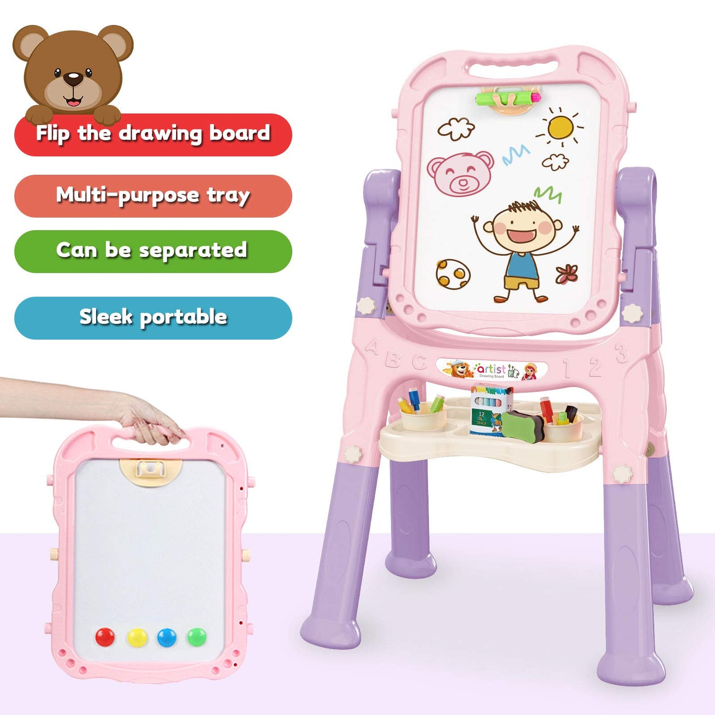 Mojitodon Art Easel for Kids - Pink, Adjustable, 360-degree Rotatable, Double-Sided