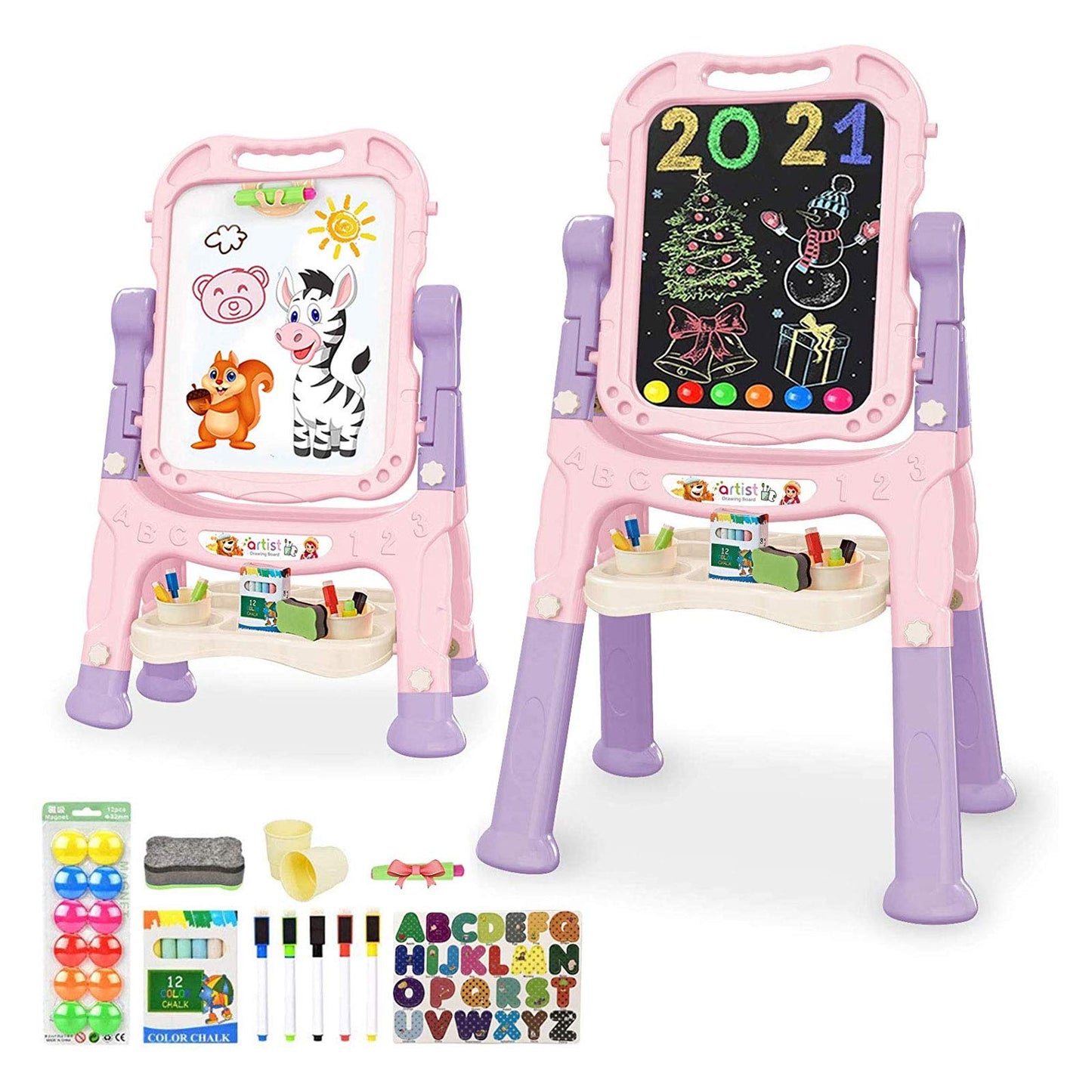 Mojitodon Art Easel for Kids - Pink, Adjustable, 360-degree Rotatable, Double-Sided