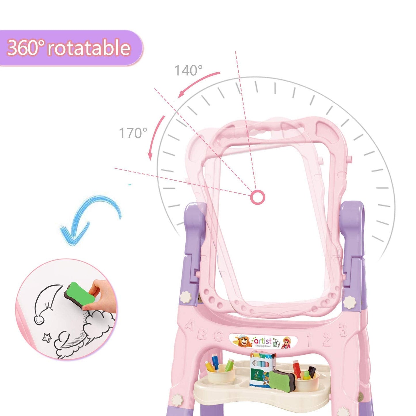 Mojitodon Art Easel for Kids - Pink, Adjustable, 360-degree Rotatable, Double-Sided