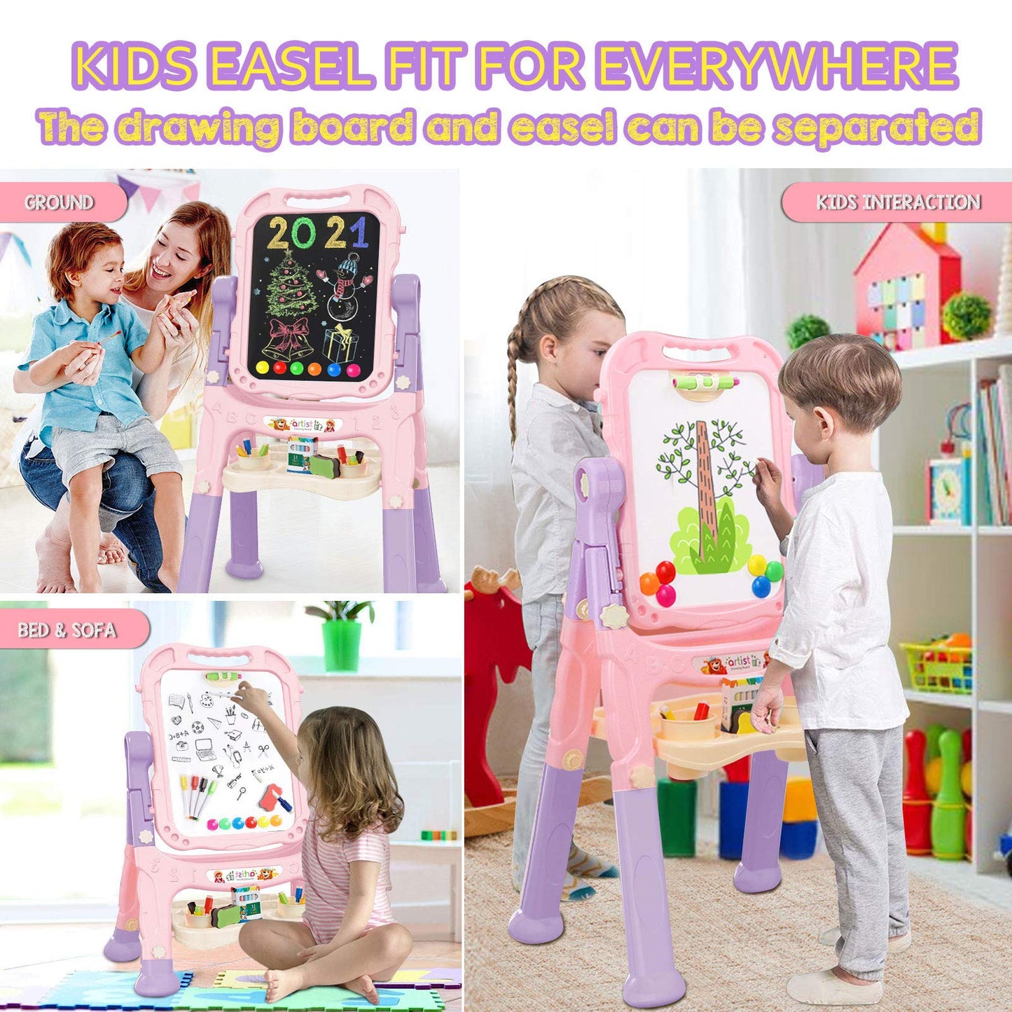 Mojitodon Art Easel for Kids - Pink, Adjustable, 360-degree Rotatable, Double-Sided