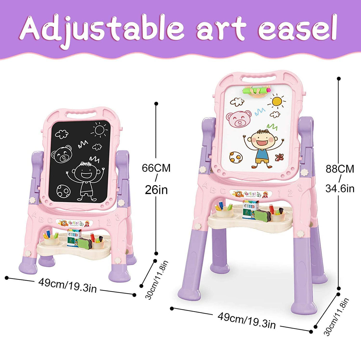 Mojitodon Art Easel for Kids - Pink, Adjustable, 360-degree Rotatable, Double-Sided