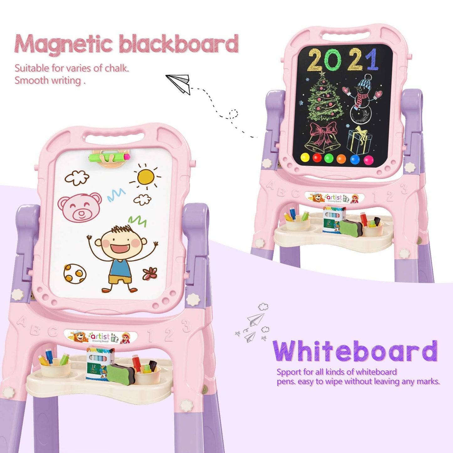 Mojitodon Art Easel for Kids - Pink, Adjustable, 360-degree Rotatable, Double-Sided