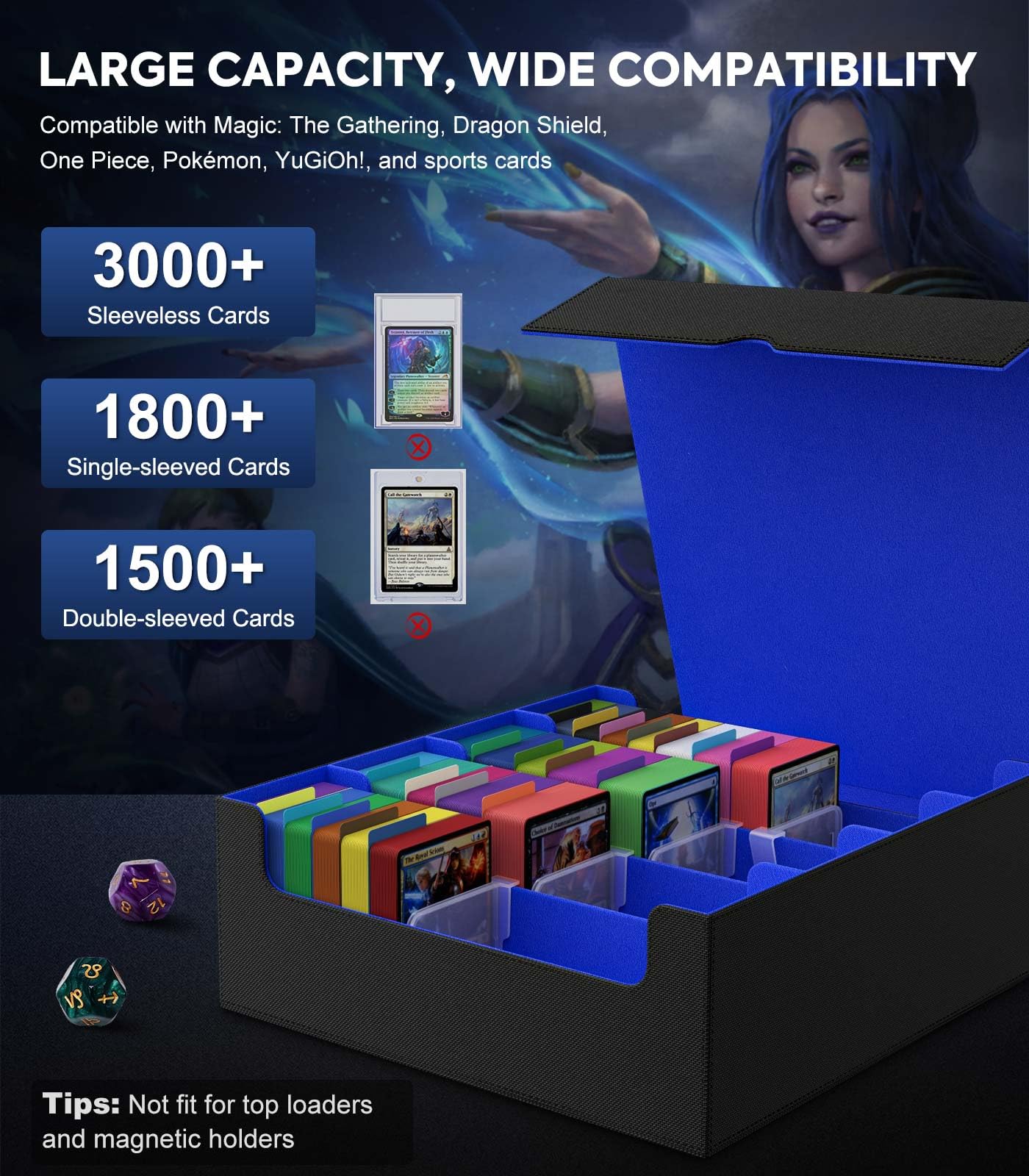 MoKo Trading Card Storage Box – 3000+ Capacity, 4 Card Supporters, 24 Dividers, Magnetic PU Leather Case