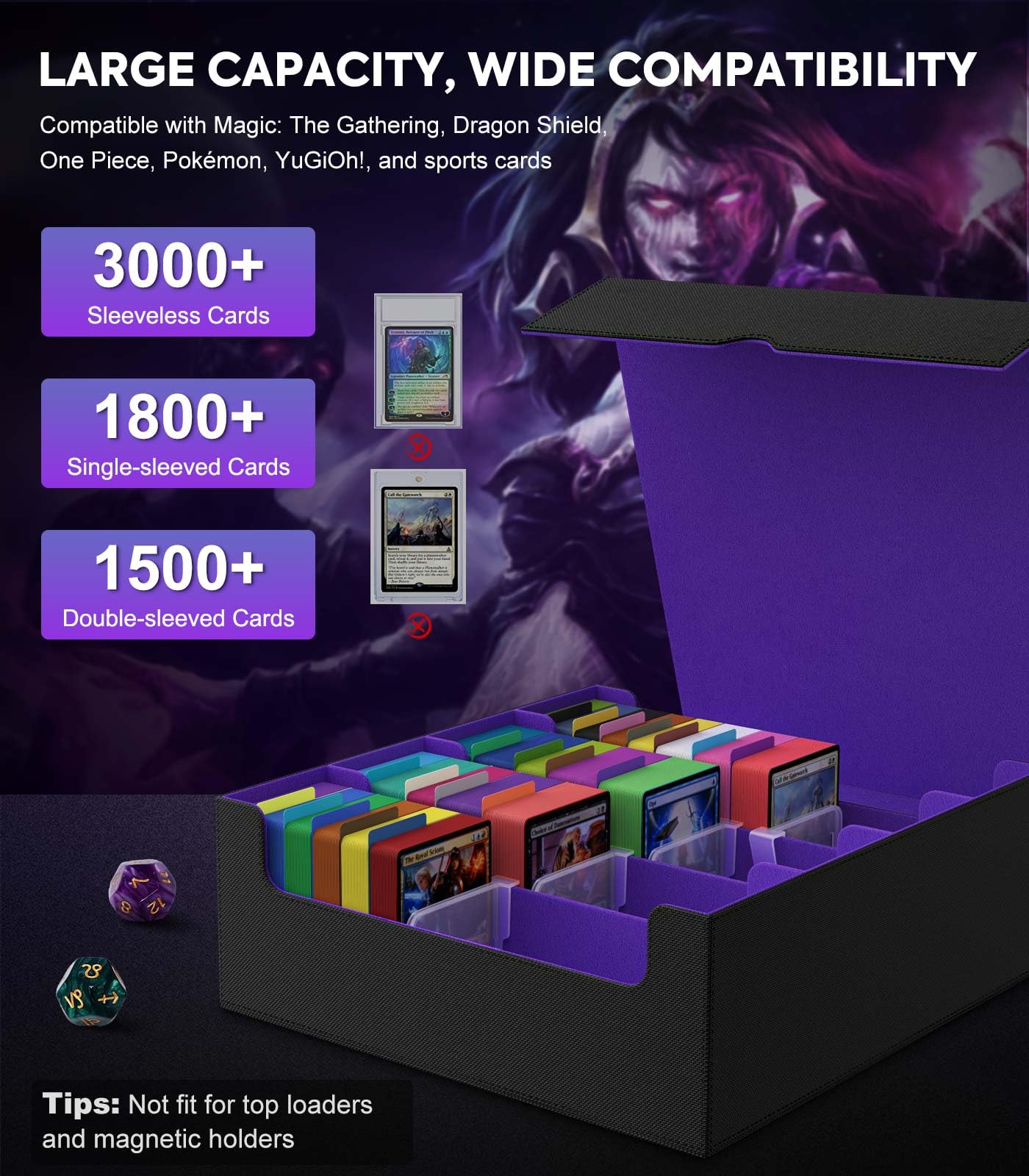 MoKo Trading Card Storage Box – 3000+ Capacity, 4-Row Deck Box with 24 Dividers & Magnetic Closure