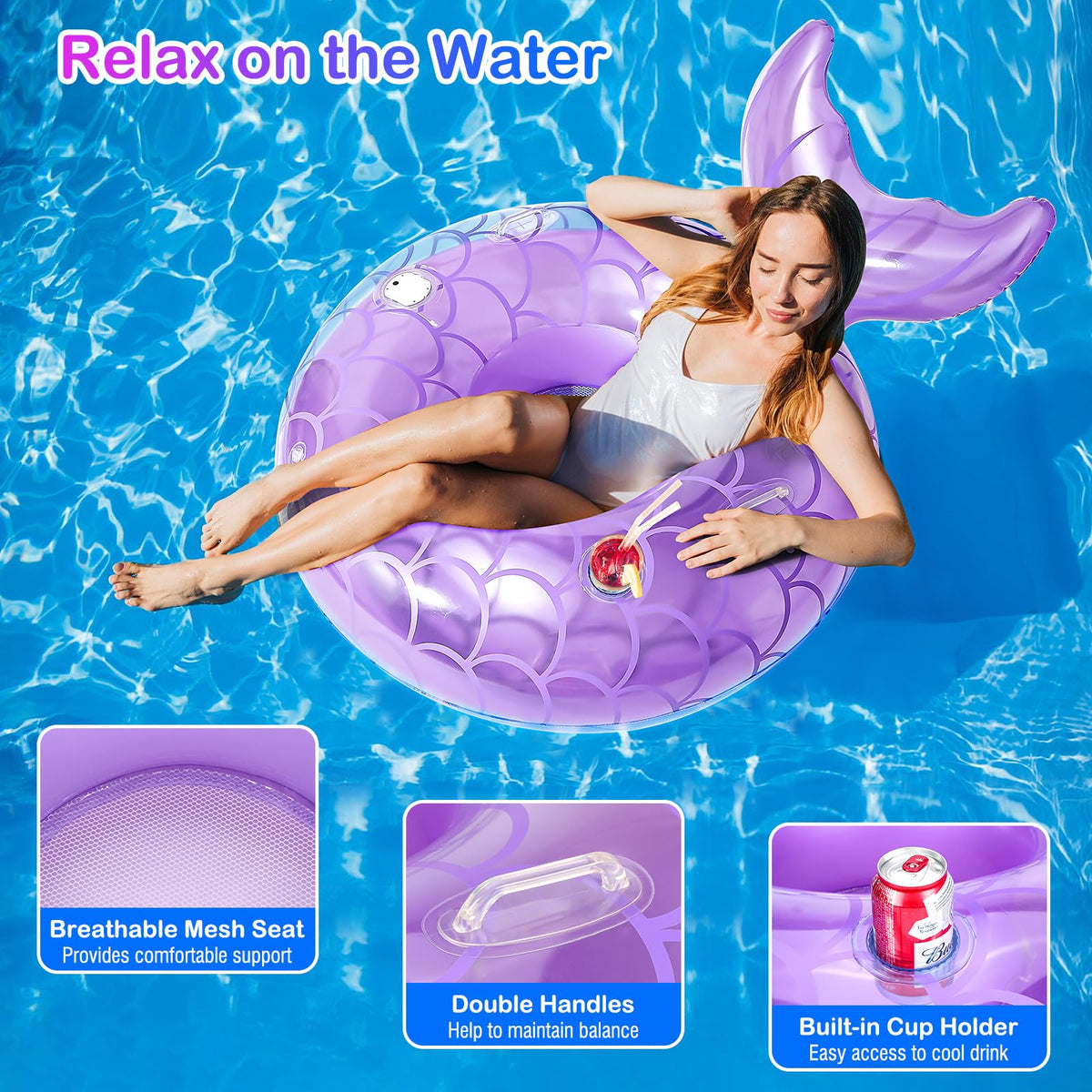 MoKo 42-Inch Mermaid Tail LED Pool Float with Cup Holder & Handles