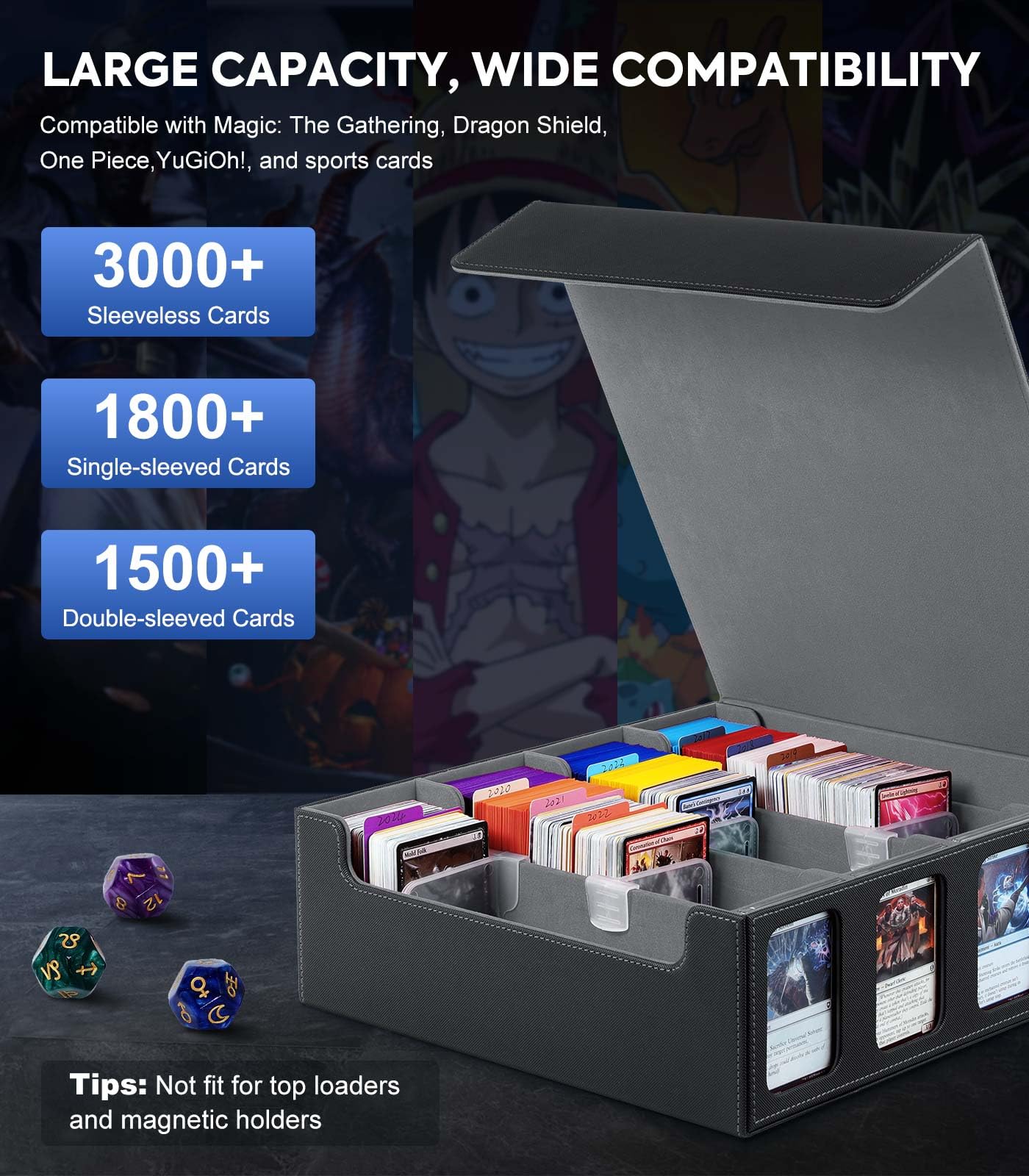 MoKo Card Storage Box for Trading Cards – 3000+ Capacity, 4 Display Windows, 24 Dividers, Magnetic Closure