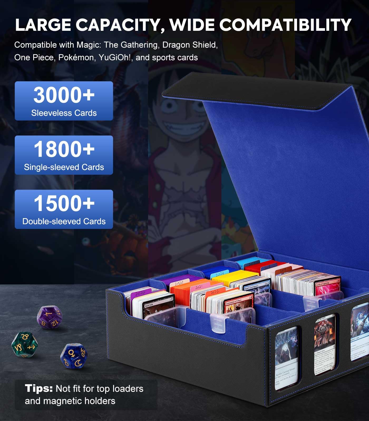 MoKo Card Storage Box for Trading Cards – 3000+ Deck Capacity, 24 Dividers, 4 Card Supporters, Display Windows
